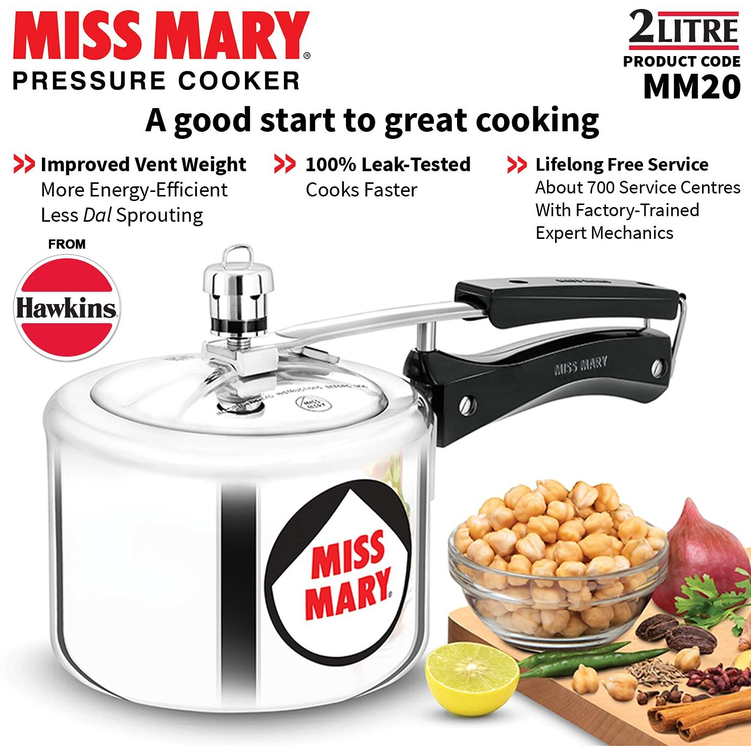 Hawkins Aluminium 2 Litre Miss Mary Pressure Cooker, Small Inner Lid Cooker, Silver (Mm20)