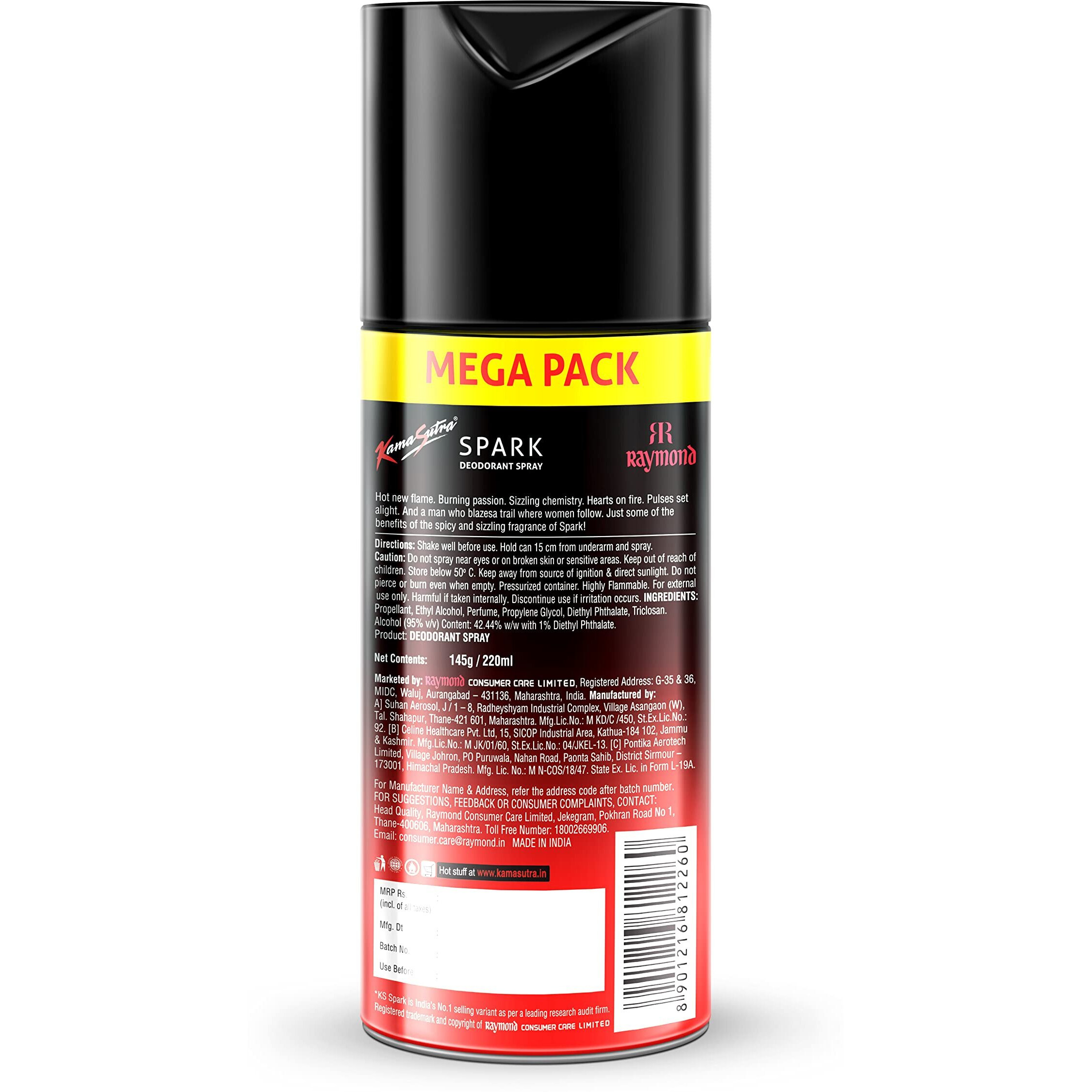 KamaSutra Spark Deodorant Spray for Men, 145g/220ml