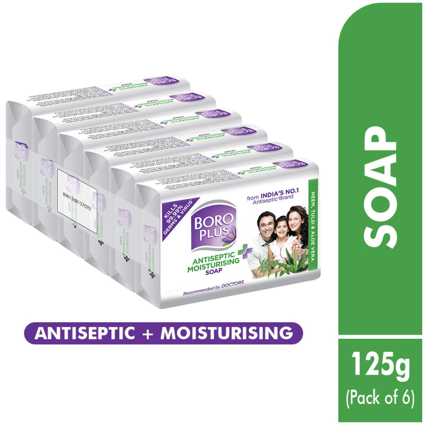 Boroplus Antiseptic And Moisturising Bathing Soap With Aloe Vera, Neem And Tulsi | 99.9% Germ And Virus Protection | For Smooth, Soft & Nourished Skin, 125G (Pack Of 6)