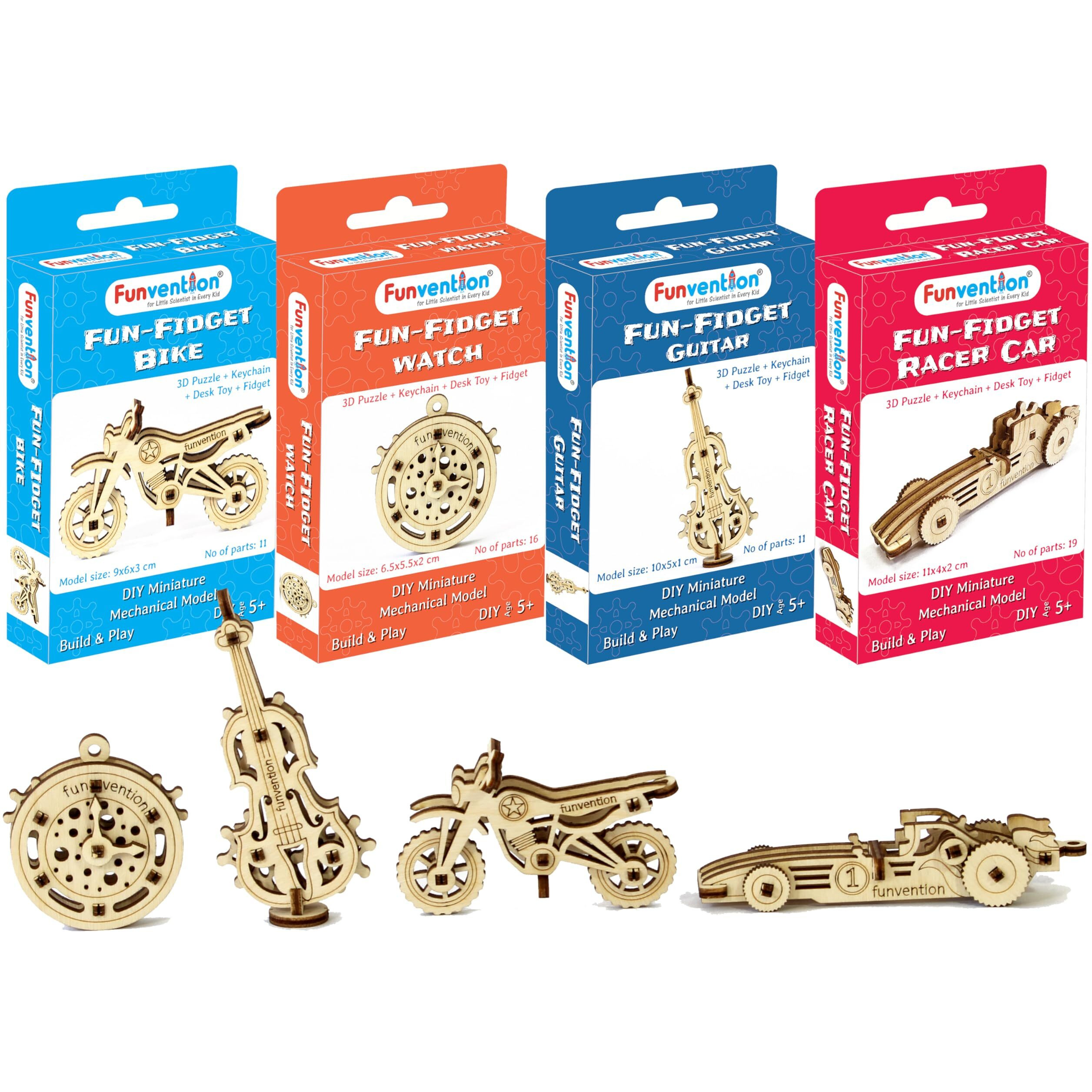 Funvention Fun Fidgets Assorted (6 x 4 DIY Miniature Mechanical Models Bike, Car, Guitar & Watch) Pack of 24 - Birthday Return Gifts Party Pack Return Favors for Kids Art & Craft STEM Learning Toys