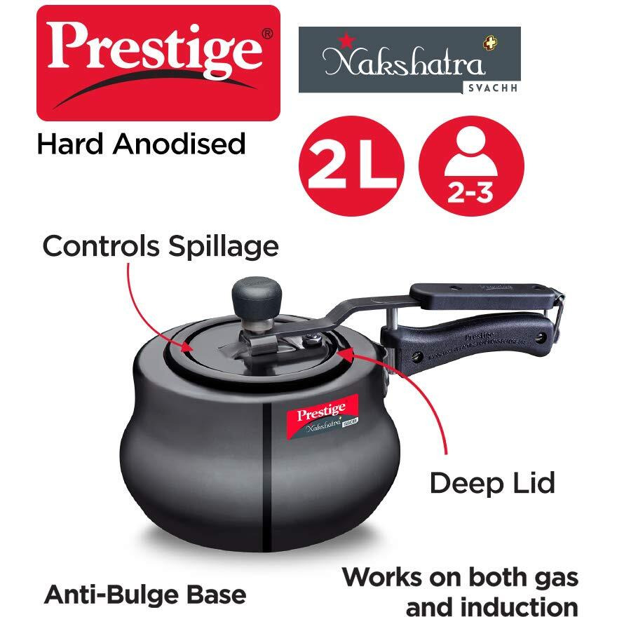 Prestige 2 Litres Svachh Induction Base Inner Lid Hard Anodised Handi| Black | Deep Lid Spillage Control | Metallic Safety Plug | Anti-Bulge Base