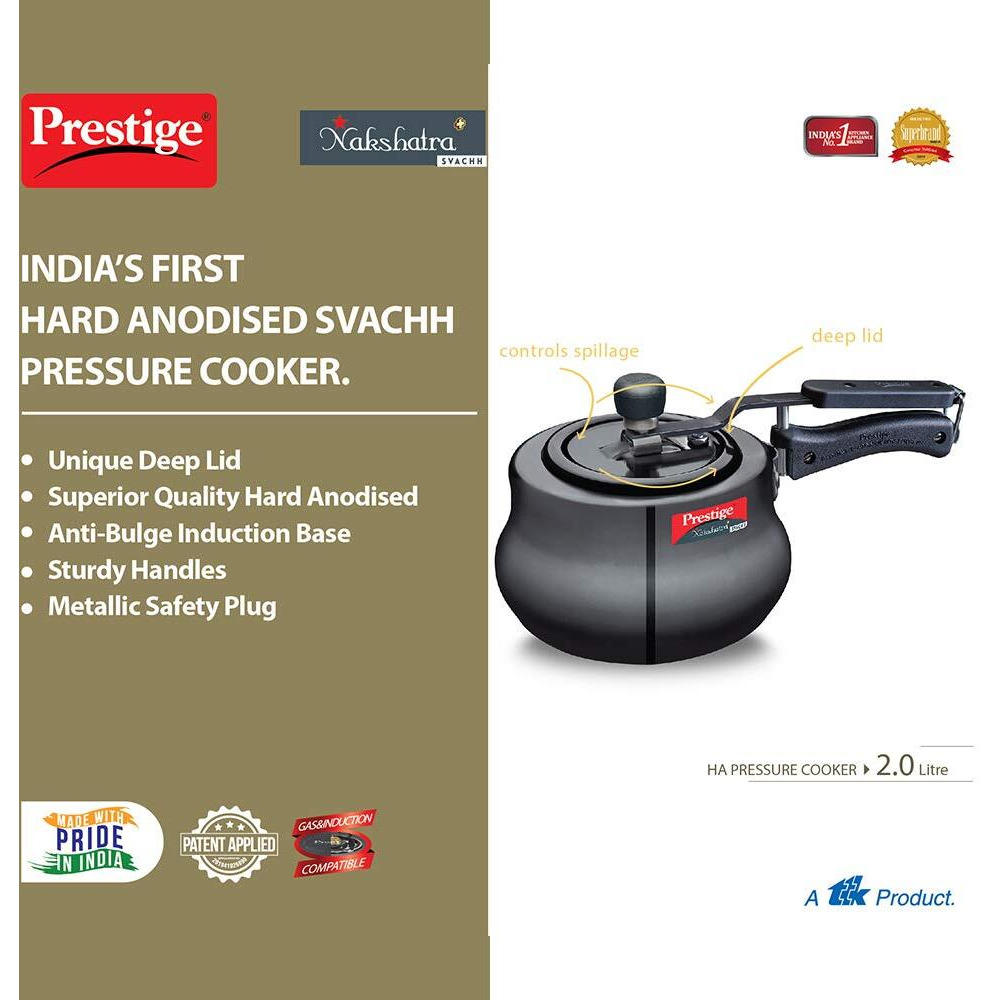 Prestige 2 Litres Svachh Induction Base Inner Lid Hard Anodised Handi| Black | Deep Lid Spillage Control | Metallic Safety Plug | Anti-Bulge Base
