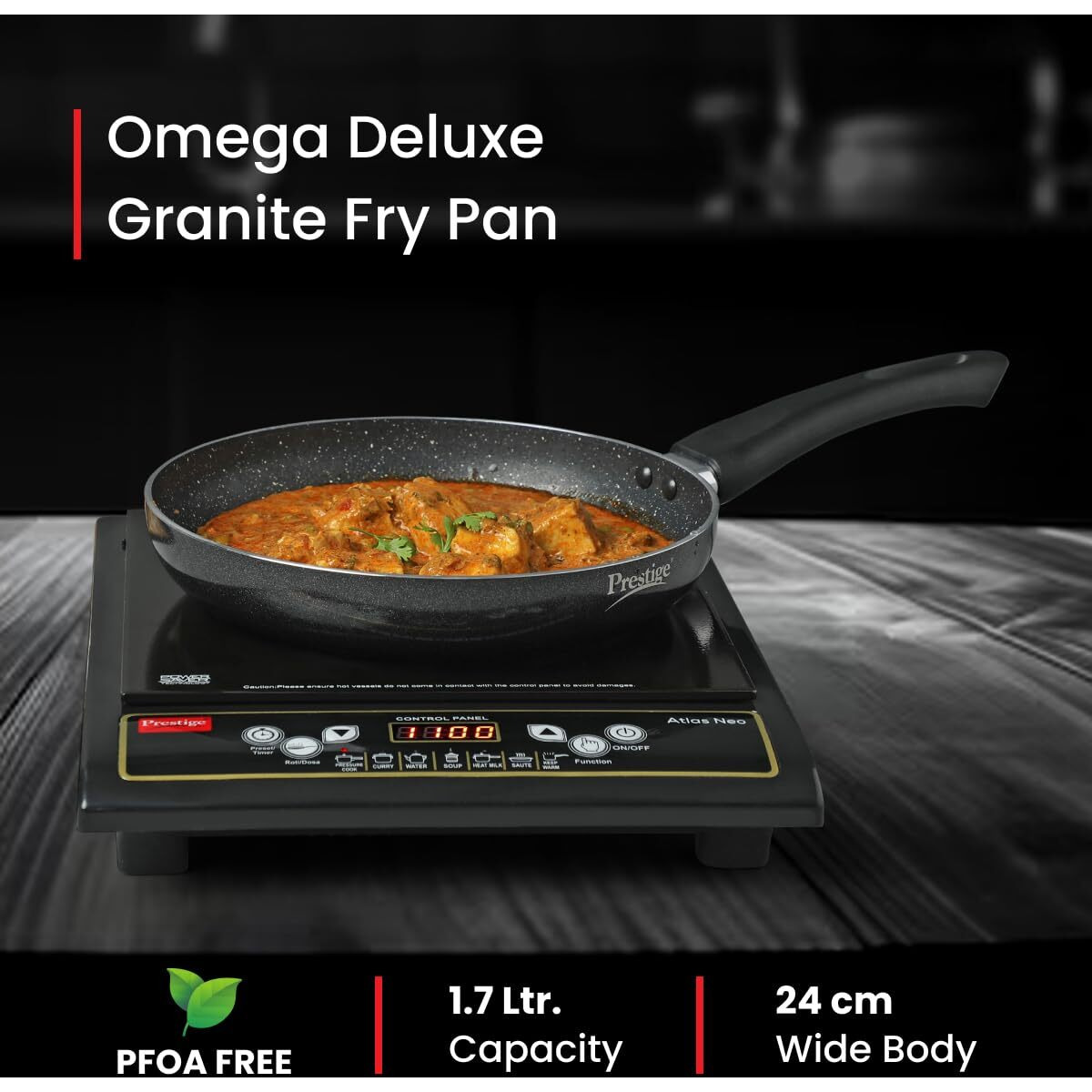 Prestige Non-Stick Omega Deluxe Granite Fry Pan | 24 Centimetre | Black | Induction Base | 5 Layer Non-Stick Cookware | Dishwasher Safe | 2-Layer Metallic Finish