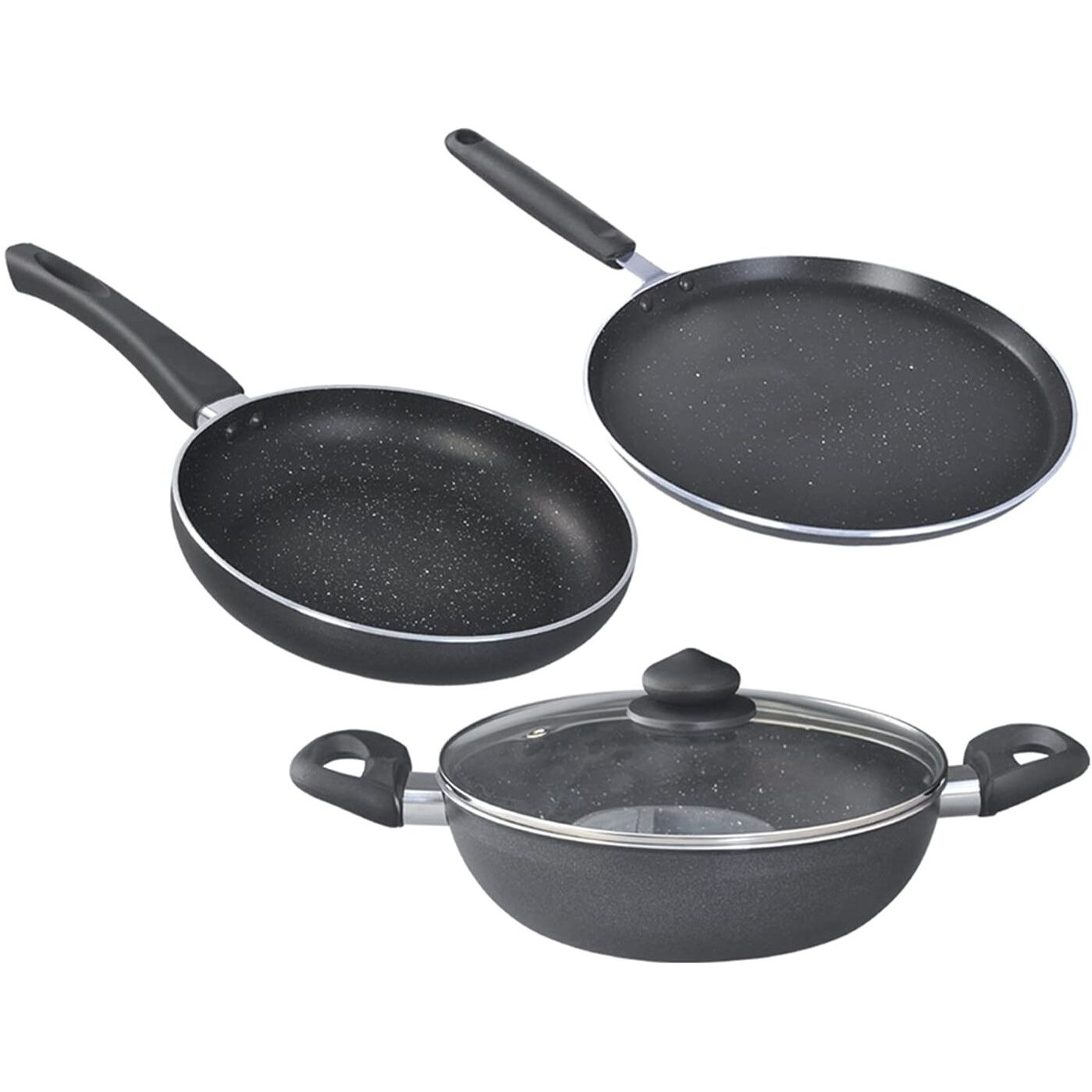 Prestige Omega Deluxe Granite Aluminium 3 Pcs Set- Tawa, Fry Pan & Kadai with 1 Glass Lid|Non-Stick|Spatter-Coated Surface|Induction & Gas Compatible|Black