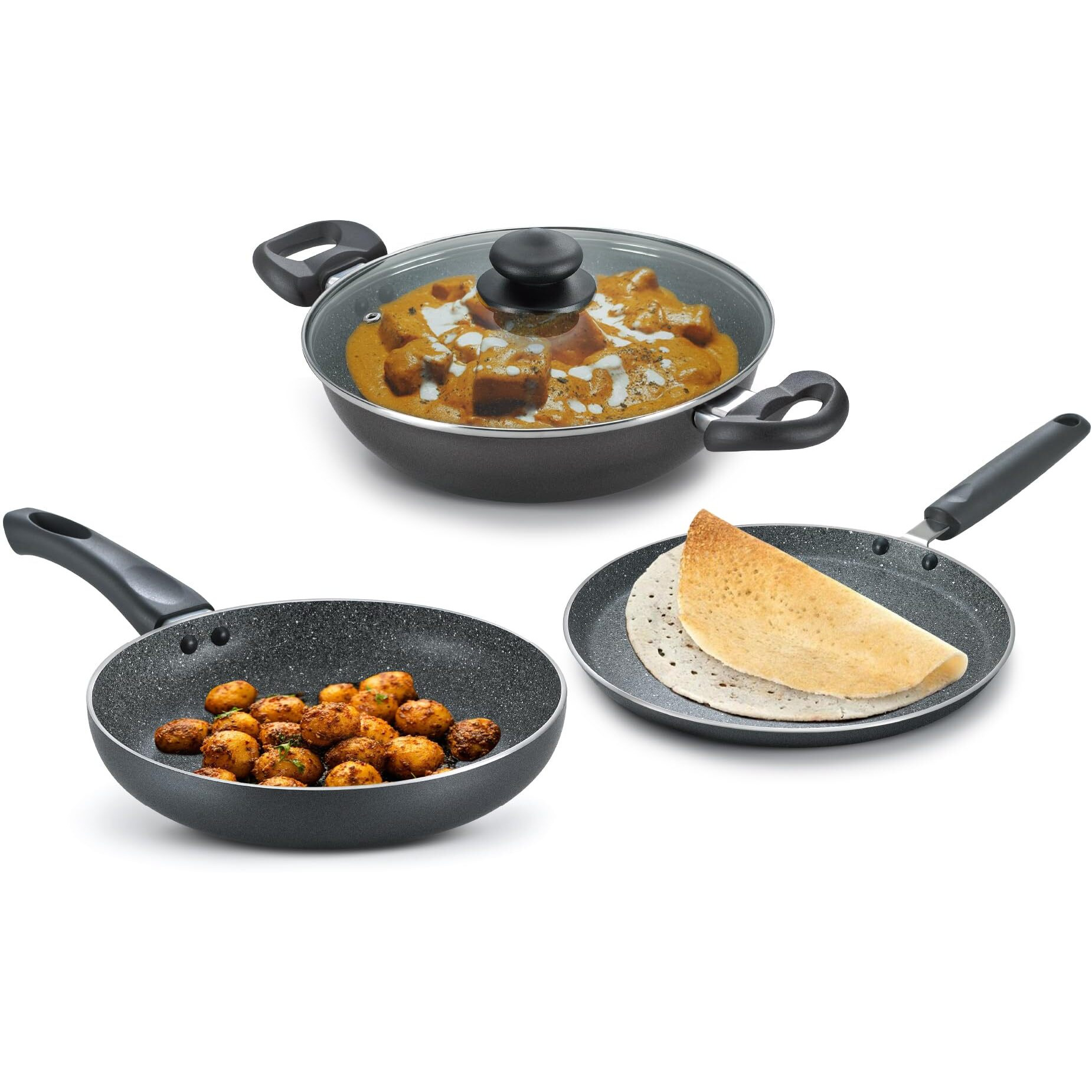 Prestige Omega Deluxe Granite Aluminium 3 Pcs Set- Tawa, Fry Pan & Kadai with 1 Glass Lid|Non-Stick|Spatter-Coated Surface|Induction & Gas Compatible|Black
