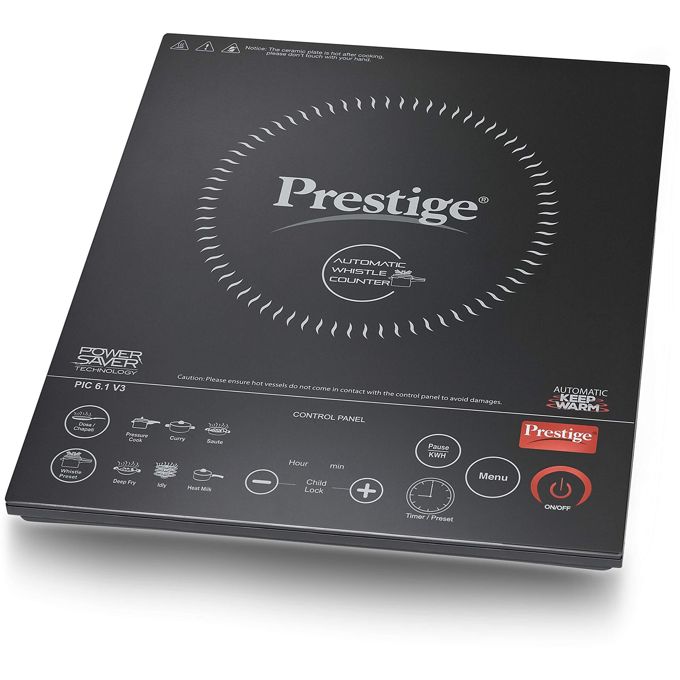 Prestige PIC 6.1 V3 PIC 2200 Watts Induction Cooktop |High Voltage Surge Protection| Automatic Whistle Counter | Feather Touch Buttons | Keep Warm Function |Dual Heat Sensor| Black
