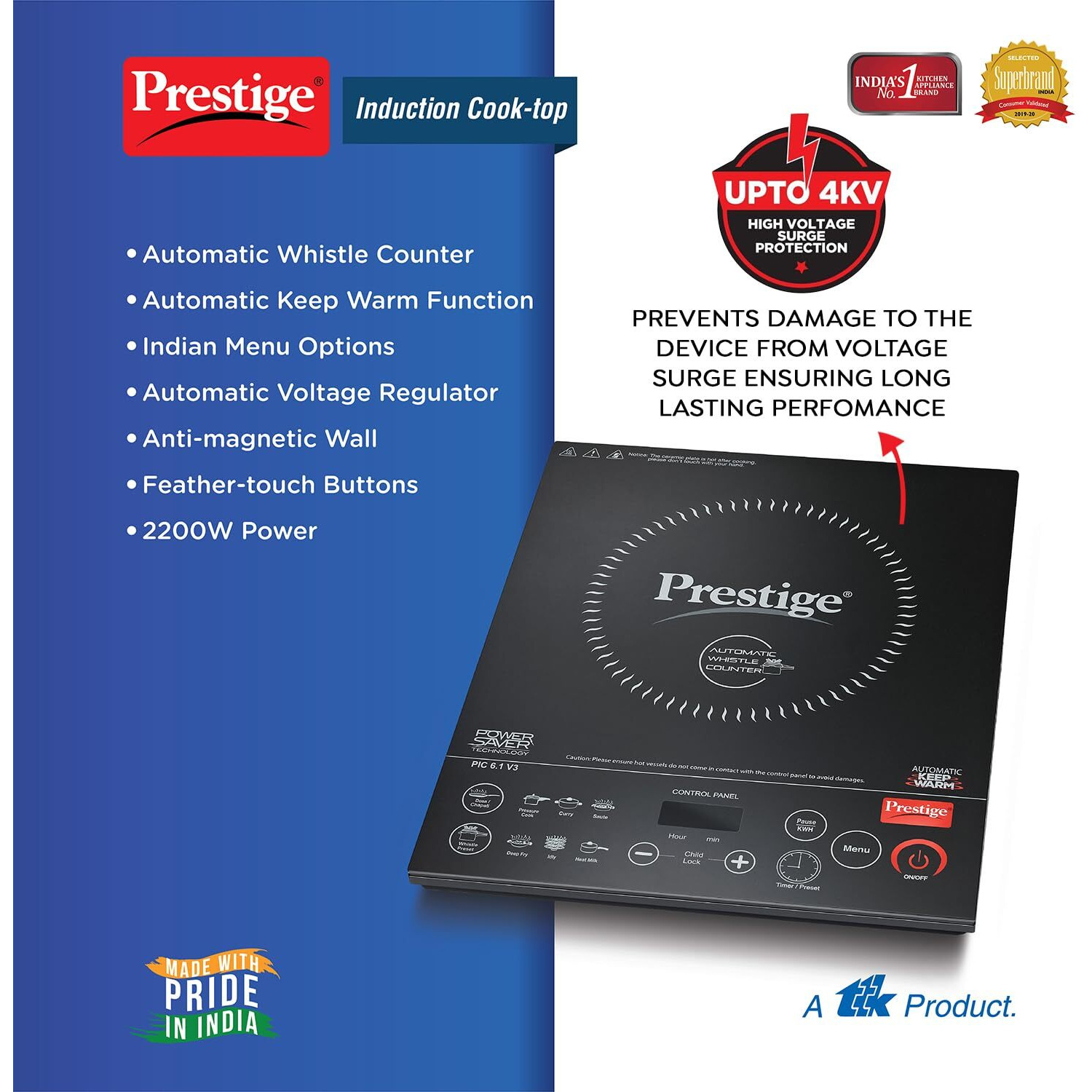 Prestige PIC 6.1 V3 PIC 2200 Watts Induction Cooktop |High Voltage Surge Protection| Automatic Whistle Counter | Feather Touch Buttons | Keep Warm Function |Dual Heat Sensor| Black