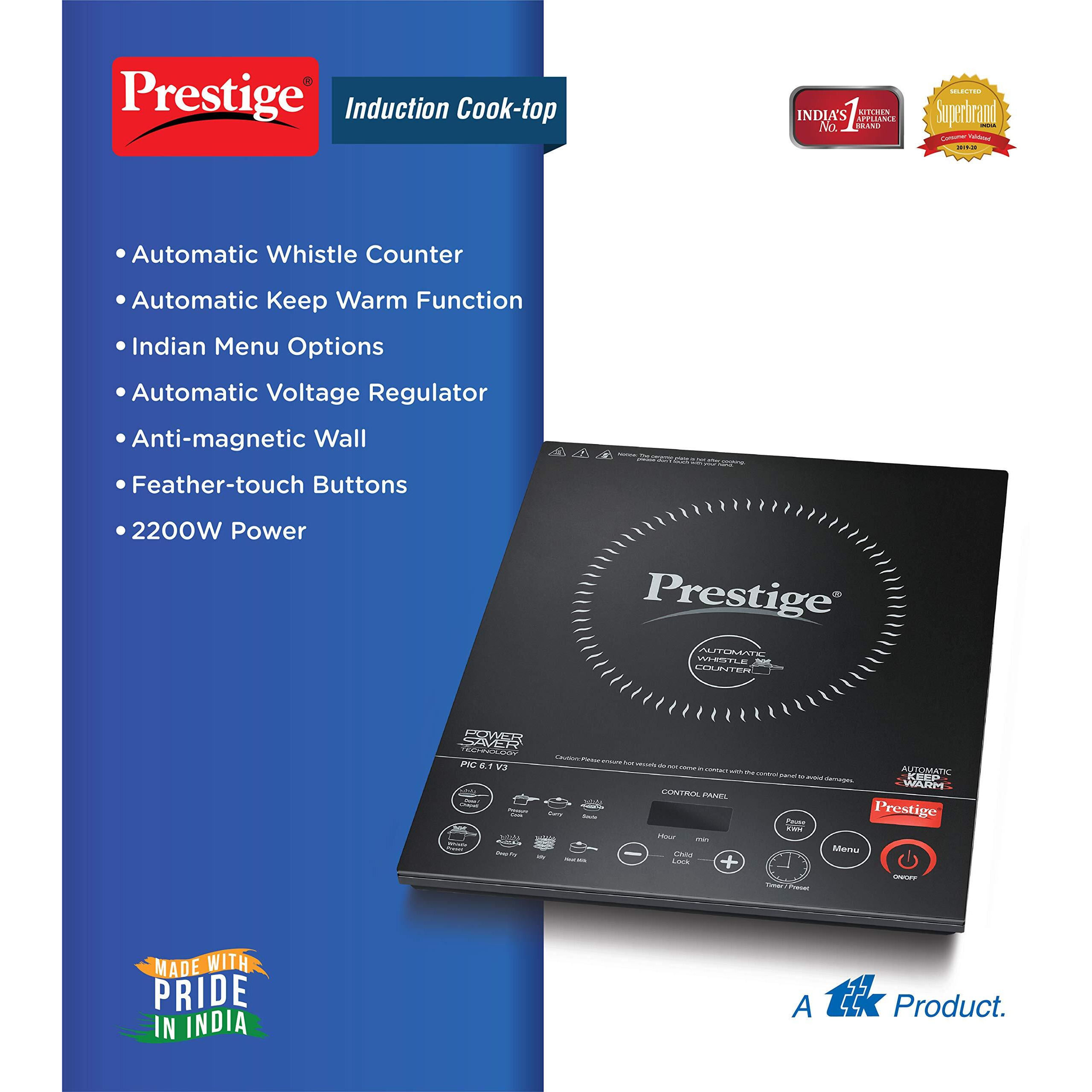 Prestige PIC 6.1 V3 PIC 2200 Watts Induction Cooktop |High Voltage Surge Protection| Automatic Whistle Counter | Feather Touch Buttons | Keep Warm Function |Dual Heat Sensor| Black