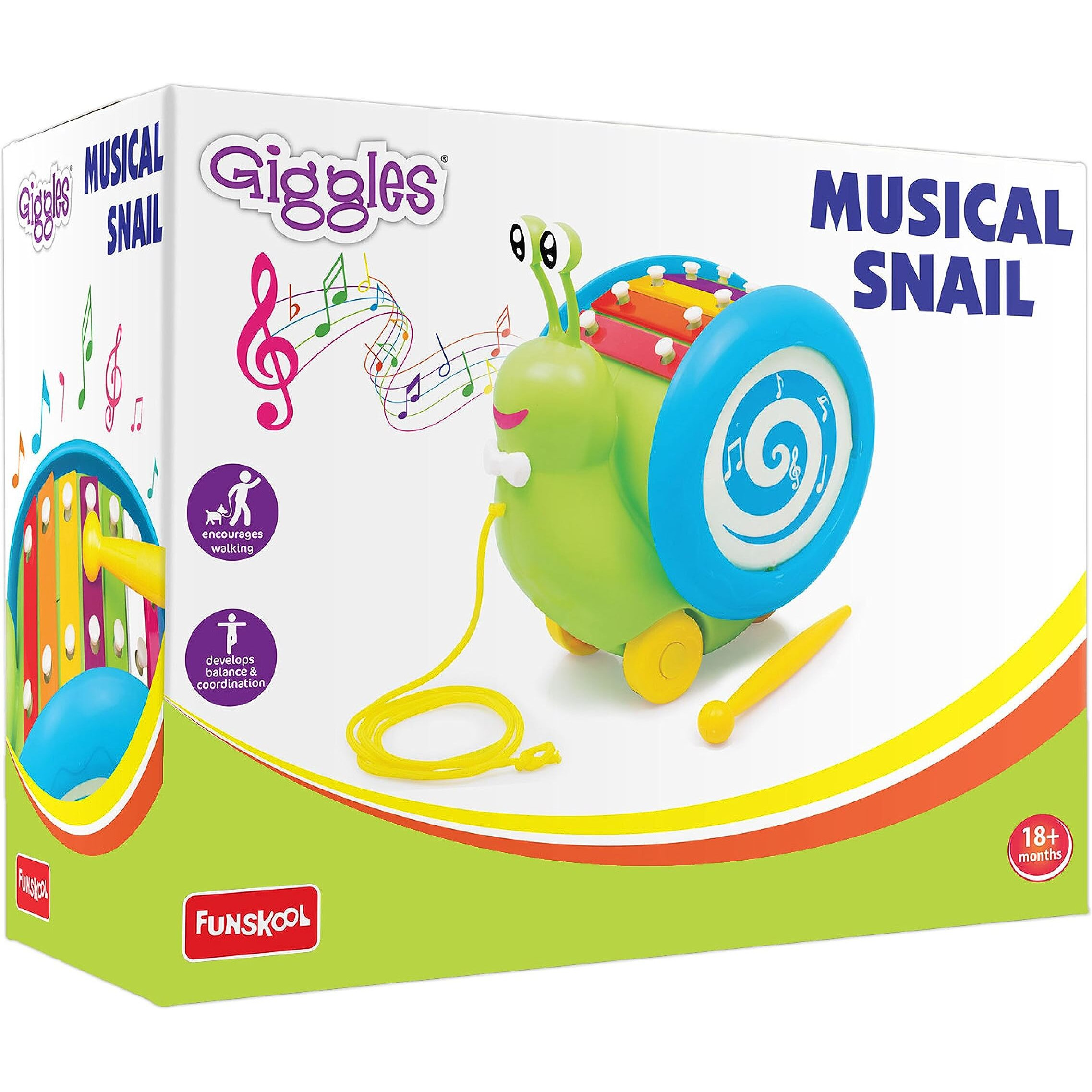 Giggles Funskool Giggles, 3 In 1 Pull Along Musical Snail, Xylophone, Drum And Walking, Pull Along, Preschool Toys, 12 Months & Above, Infant, Multicolour