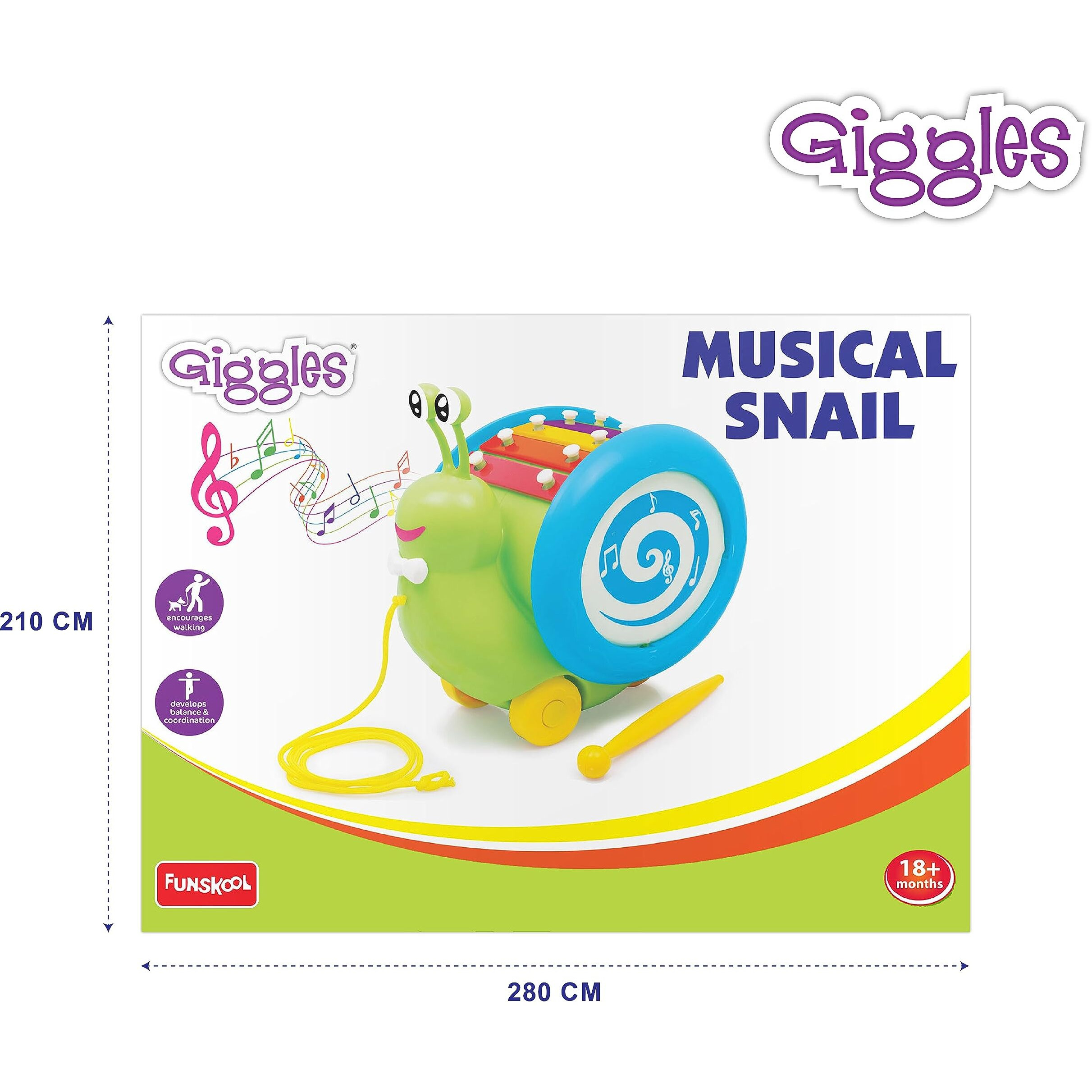 Giggles Funskool Giggles, 3 In 1 Pull Along Musical Snail, Xylophone, Drum And Walking, Pull Along, Preschool Toys, 12 Months & Above, Infant, Multicolour