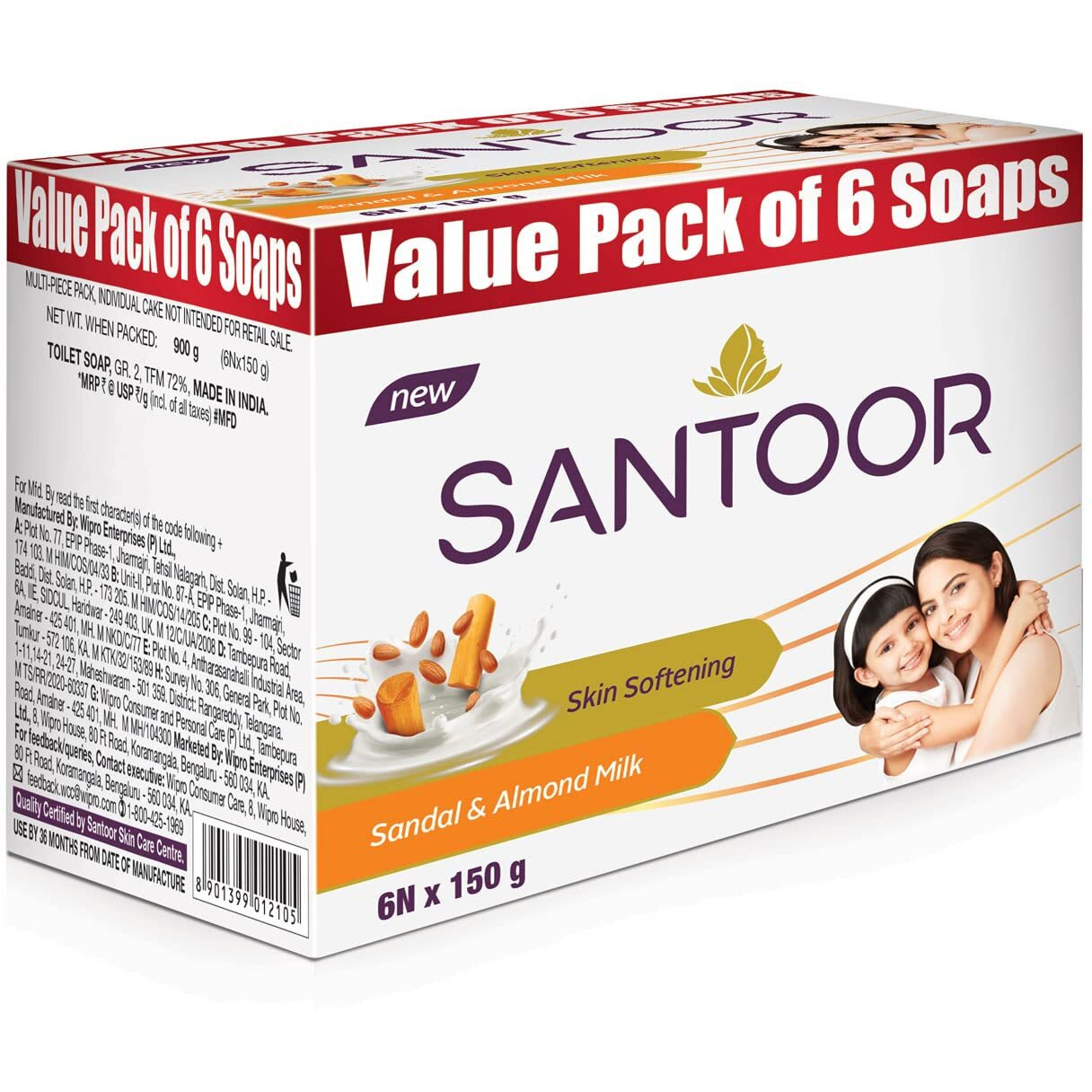 Santoor Skin Softening Sandal & Almond Milk Bathing Soap with Nourishing & Anti-Aging Properties| For Smooth & Soft and Younger-Looking Skin| For All Skin Types| 150g, Pack of 6