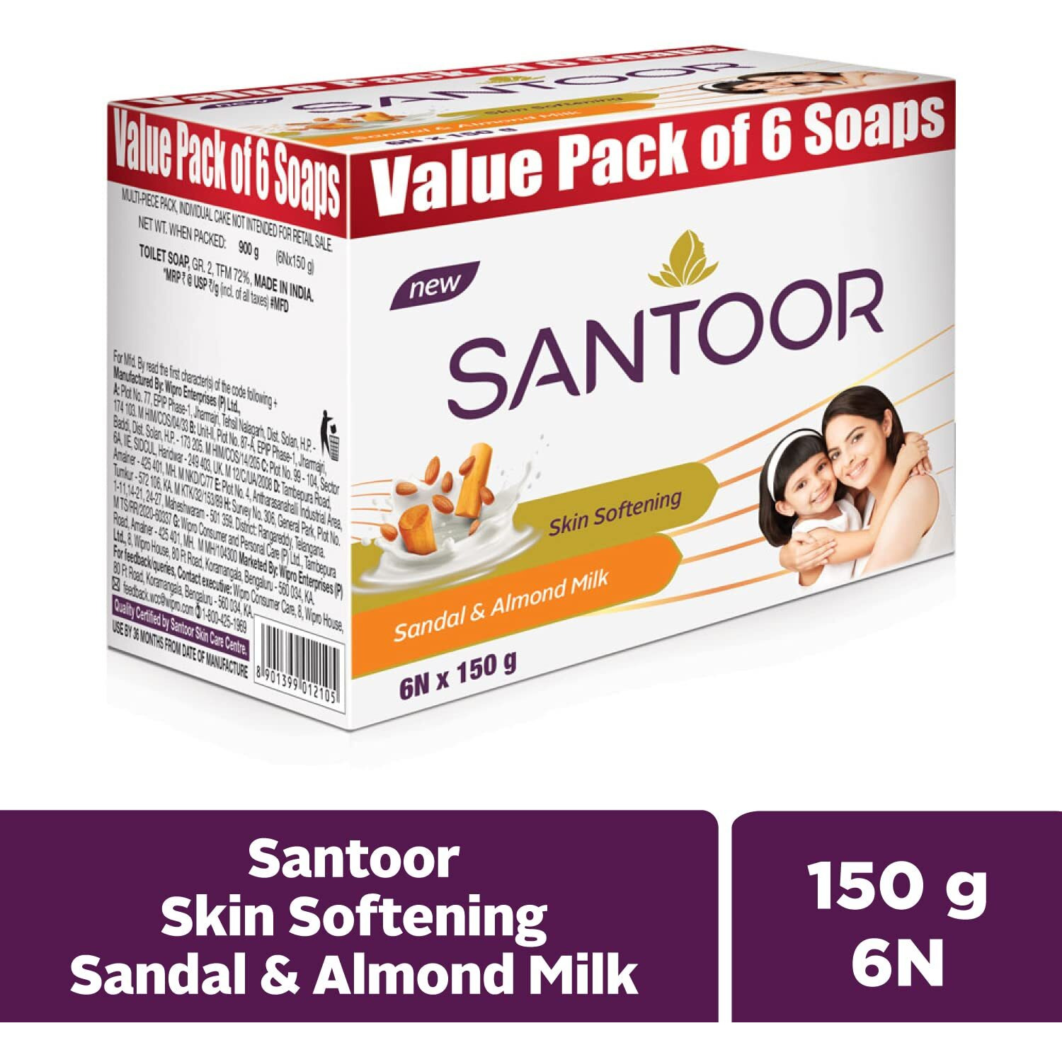 Santoor Skin Softening Sandal & Almond Milk Bathing Soap with Nourishing & Anti-Aging Properties| For Smooth & Soft and Younger-Looking Skin| For All Skin Types| 150g, Pack of 6
