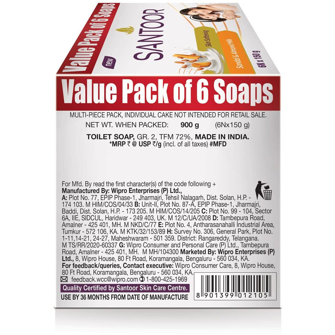 Santoor Skin Softening Sandal & Almond Milk Bathing Soap with Nourishing & Anti-Aging Properties| For Smooth & Soft and Younger-Looking Skin| For All Skin Types| 150g, Pack of 6