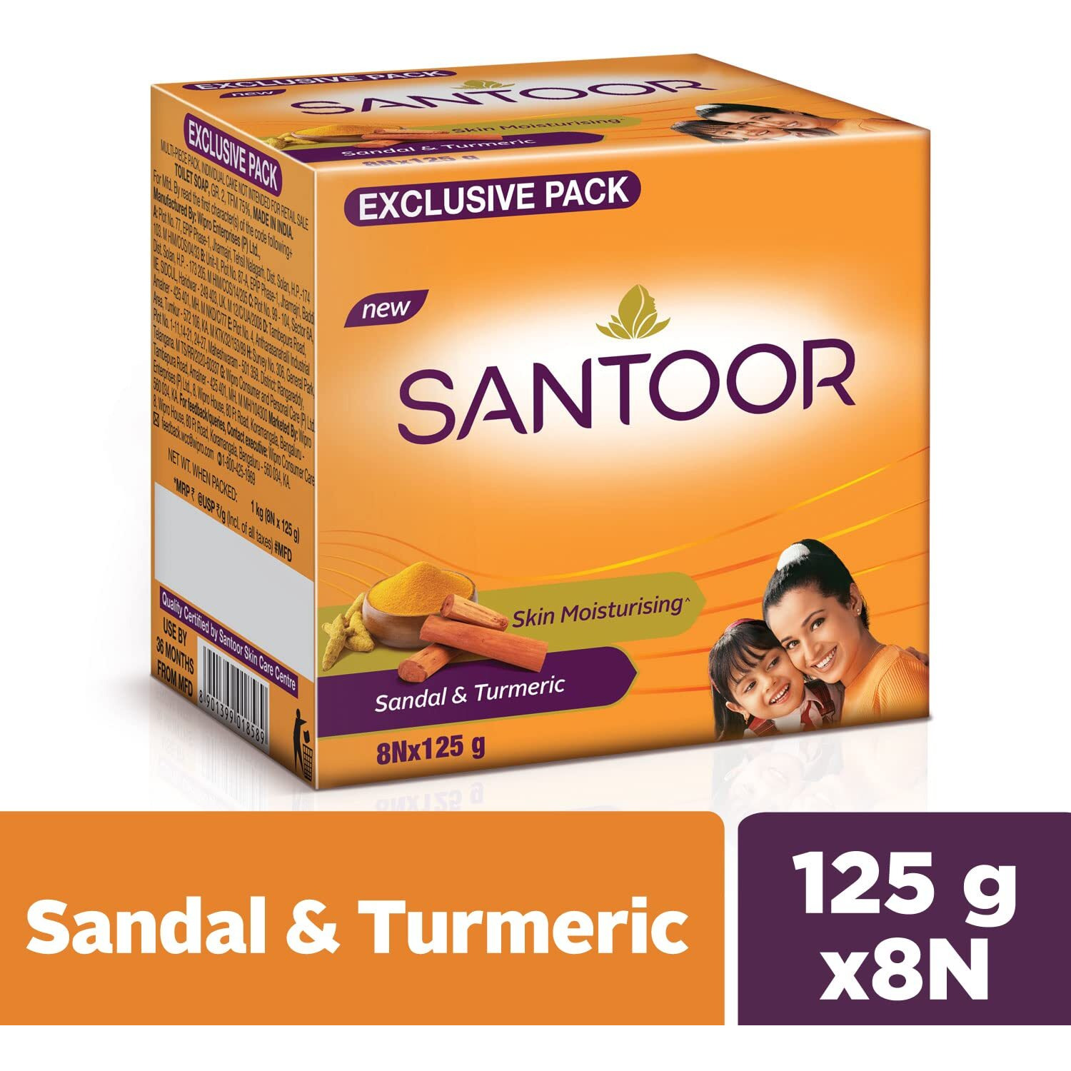 Santoor Skin Moisturizing Sandal & Turmeric Bathing Soap with Nourishing & Anti-Aging Properties| For Soft & Smooth and Younger-Looking Skin| For All Skin Types| Pack of 8, 125g