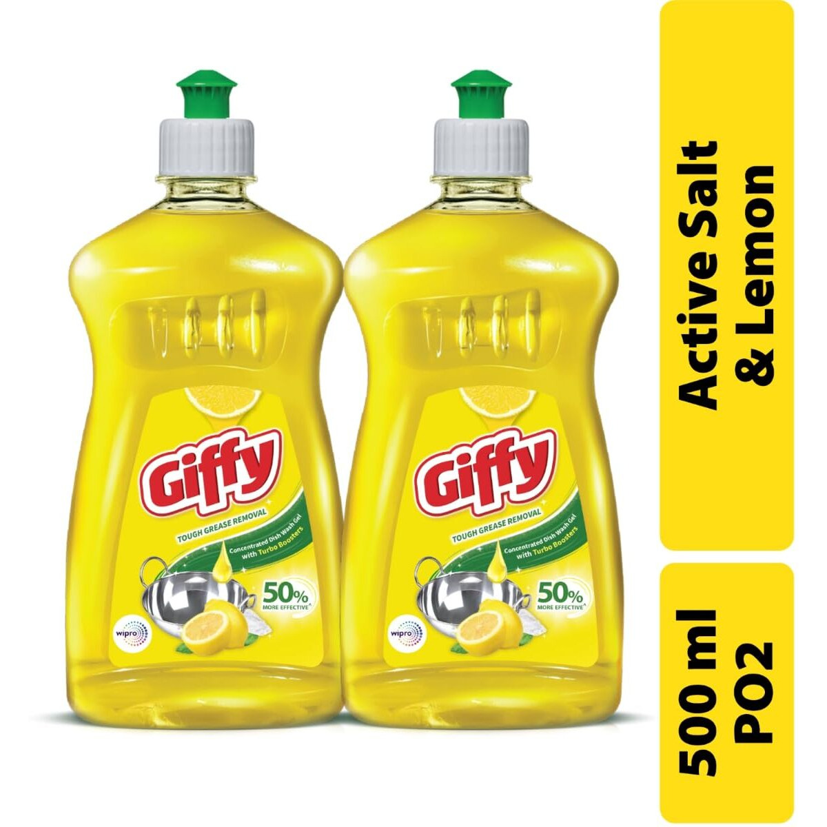 Giffy Liquid Dish Wash Gel 500ml Pack of 2 with Active Salt & Lemon| 2x Faster Tough Grease Removal & Natural Fragrance| Removes Odour| Easy Lather & Rinse Off| Leaves No White Residues| Hand-Safe