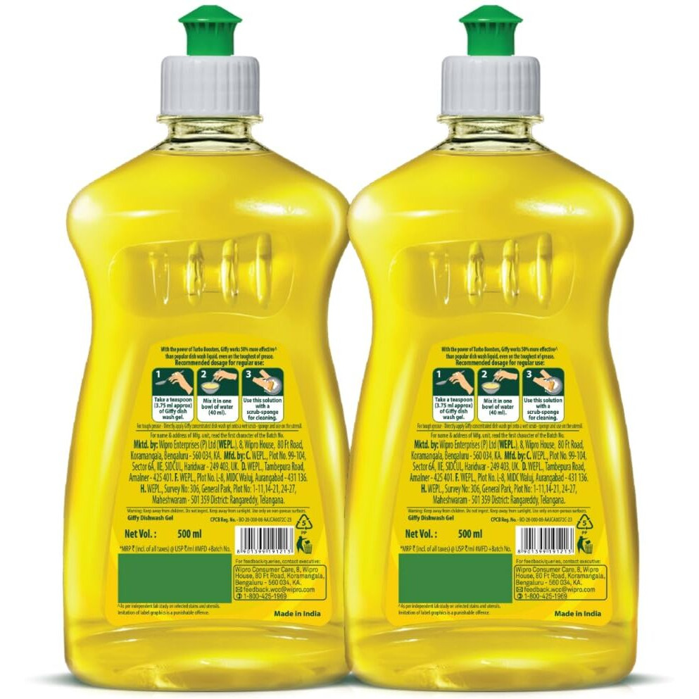 Giffy Liquid Dish Wash Gel 500ml Pack of 2 with Active Salt & Lemon| 2x Faster Tough Grease Removal & Natural Fragrance| Removes Odour| Easy Lather & Rinse Off| Leaves No White Residues| Hand-Safe