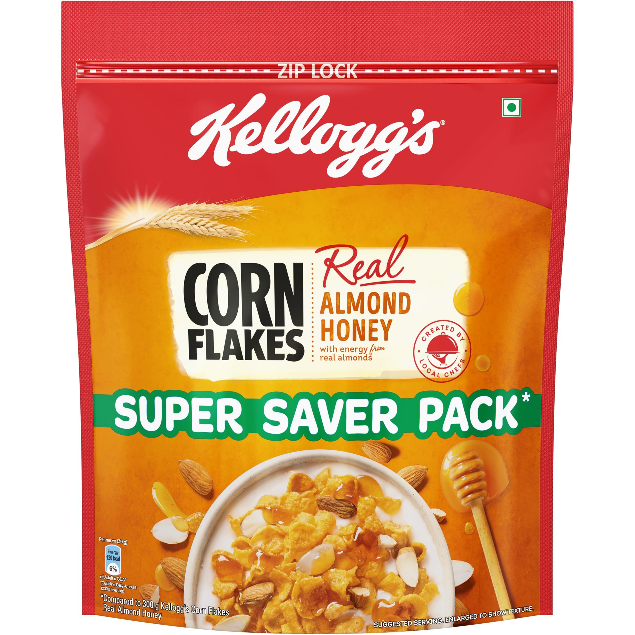 Kellogg s Corn Flakes Real Almond Honey 1kg | High in Iron, Vitamin B1, B2, B3, B6 & C | Naturally Cholesterol Free | Corn Flakes, Breakfast Cereal