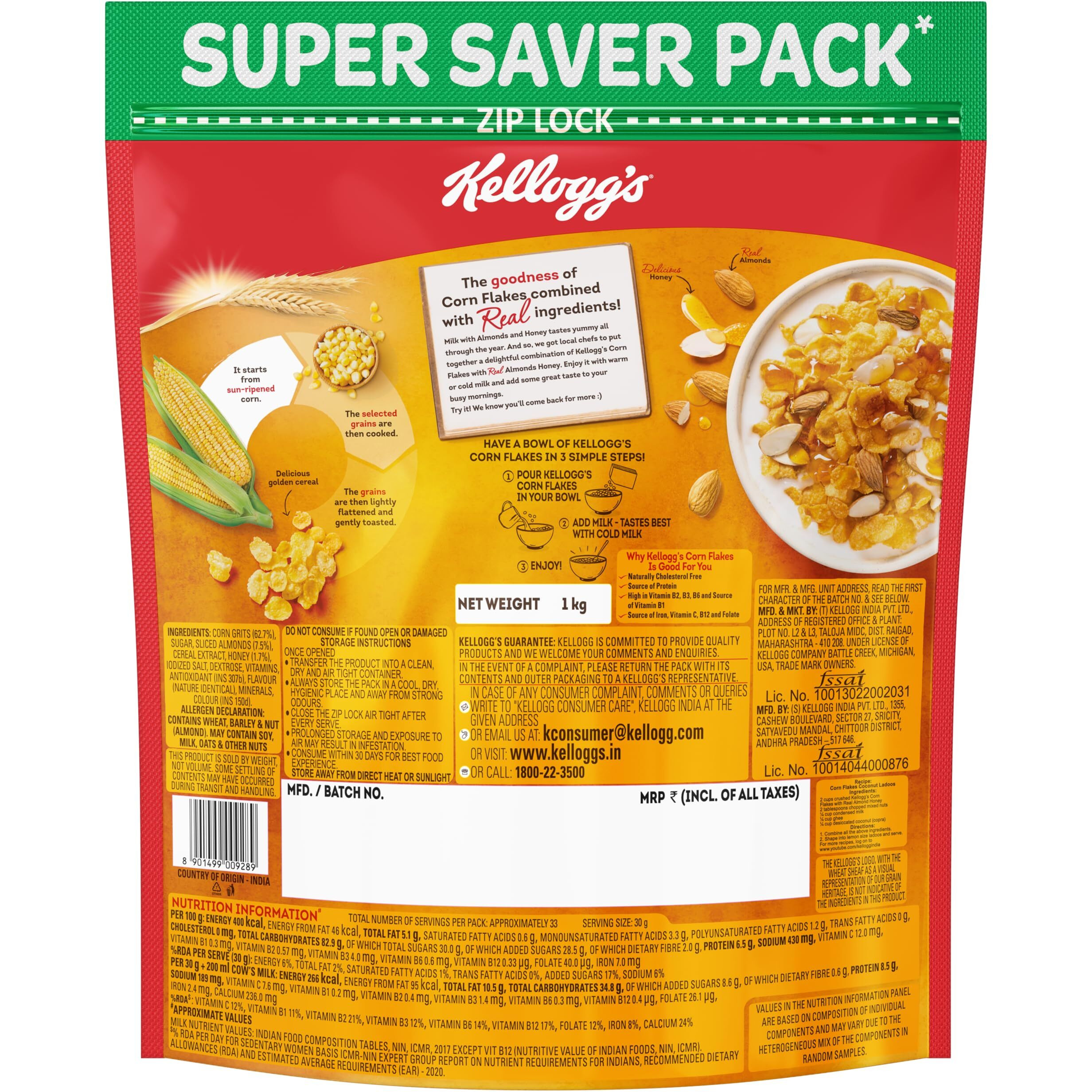 Kellogg s Corn Flakes Real Almond Honey 1kg | High in Iron, Vitamin B1, B2, B3, B6 & C | Naturally Cholesterol Free | Corn Flakes, Breakfast Cereal