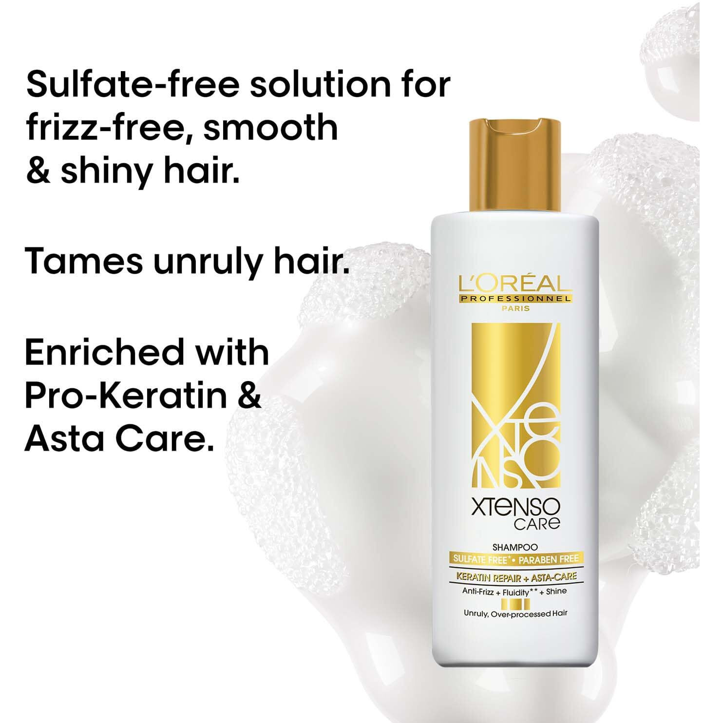 L Oral Professionnel Xtenso Care Sulfate-Free Shampoo for Frizz-Free, Shiny & Manageable Hair 250ml | With Pro Keratin & Asta Care | For Men & Women | Unruly, Unmanageable Hair