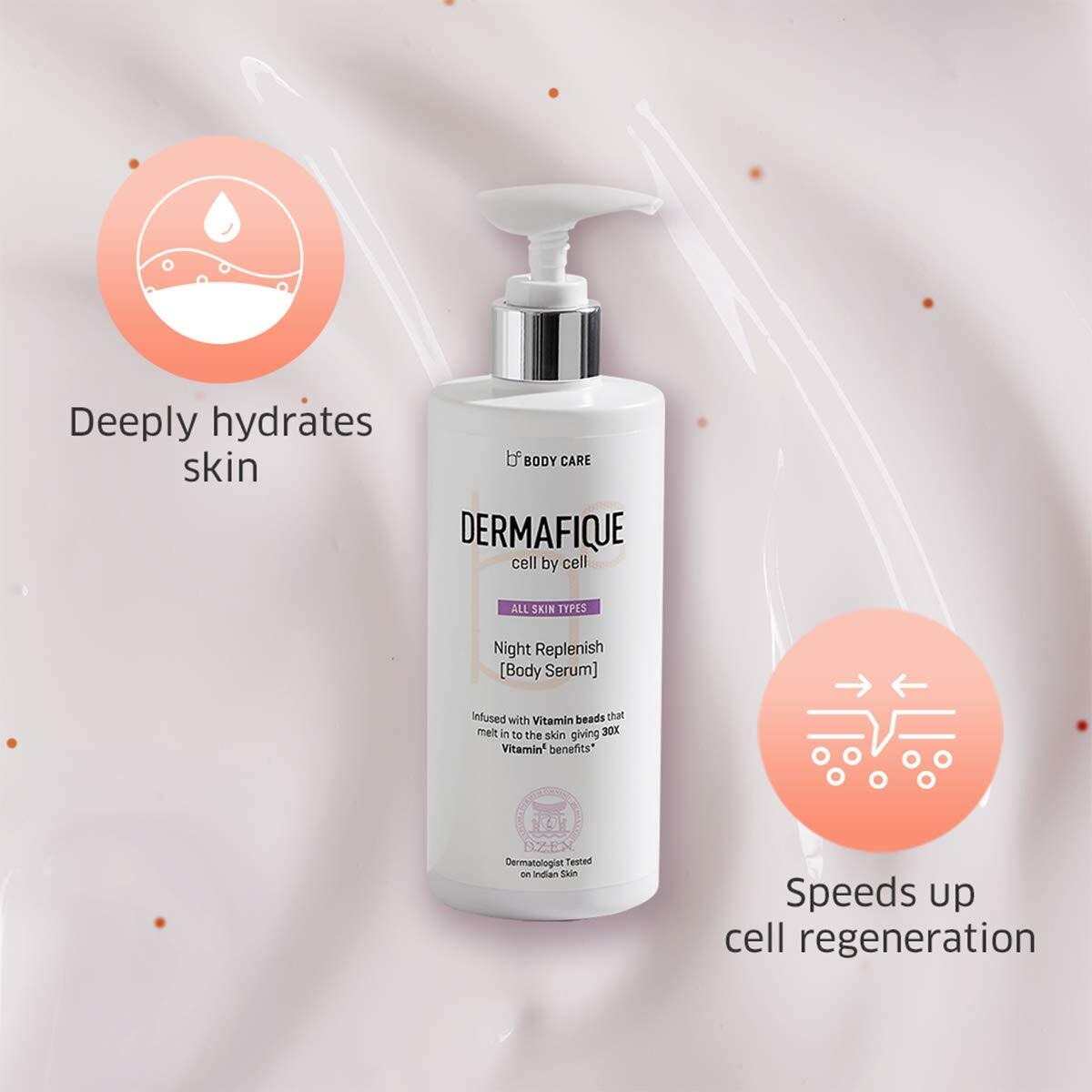 Dermafique Night Replenish Body Serum with Shea Butter  300ml, Body Lotion for All Skin Type, with Glycerine, 30x Vitamin E Benefits & Night Regeneration, Moisturizer for Body | Dermatologist Tested