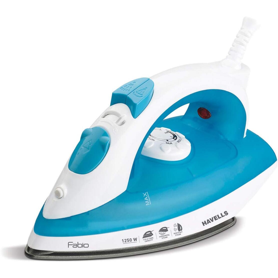 HAVELLS Fabio 1250 W Steam Iron with Teflon Coated Sole Plate, Vertical & Horizontal Ironing & 2 Years Warranty. (Blue)