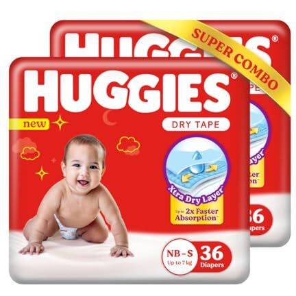 Huggies Dry Tape | Adjustable Tape Style Diapers, Newborn (NB) Size (0-5 Kgs), Combo pack of 72 | Up To 2X Faster Absorption, Up To 12 Hours Overnight Absorption