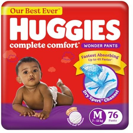 Huggies Complete Comfort Wonder Pants | Pant Style Baby Diapers M Size, 76 Count | India s Fastest Absorbing Diaper, Patented Dry Xpert Channel, Ideal for 7 to 12 Kgs