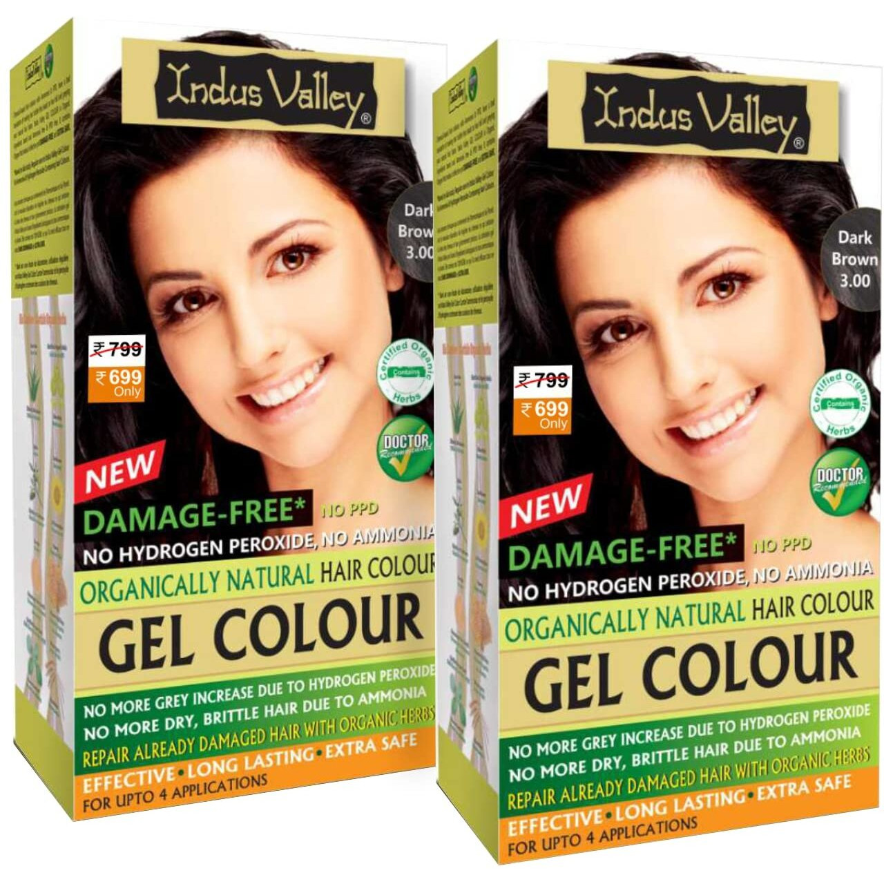 INDUS VALLEY Damage Free Natural Gel Hair Colour for Women | Ammonia & PPD Free Organic Hair Colour with 100% Grey Coverage, Long Lasting Conditioning Hair Color | Dark Brown 3.00 - Pack of 2 (2x220  400 ml)