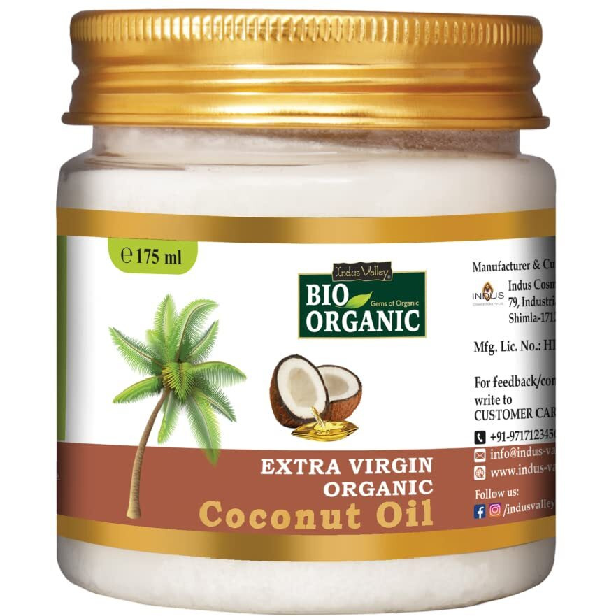 INDUS VALLEY Bio Organic Extra Virgin Pure Coconut Oil for All Skin Type & Hair Growth, Reduces Dandruff, Helps to Prevents Hairfall for Men & Women, Sulphate & Paraben Free - 175ml
