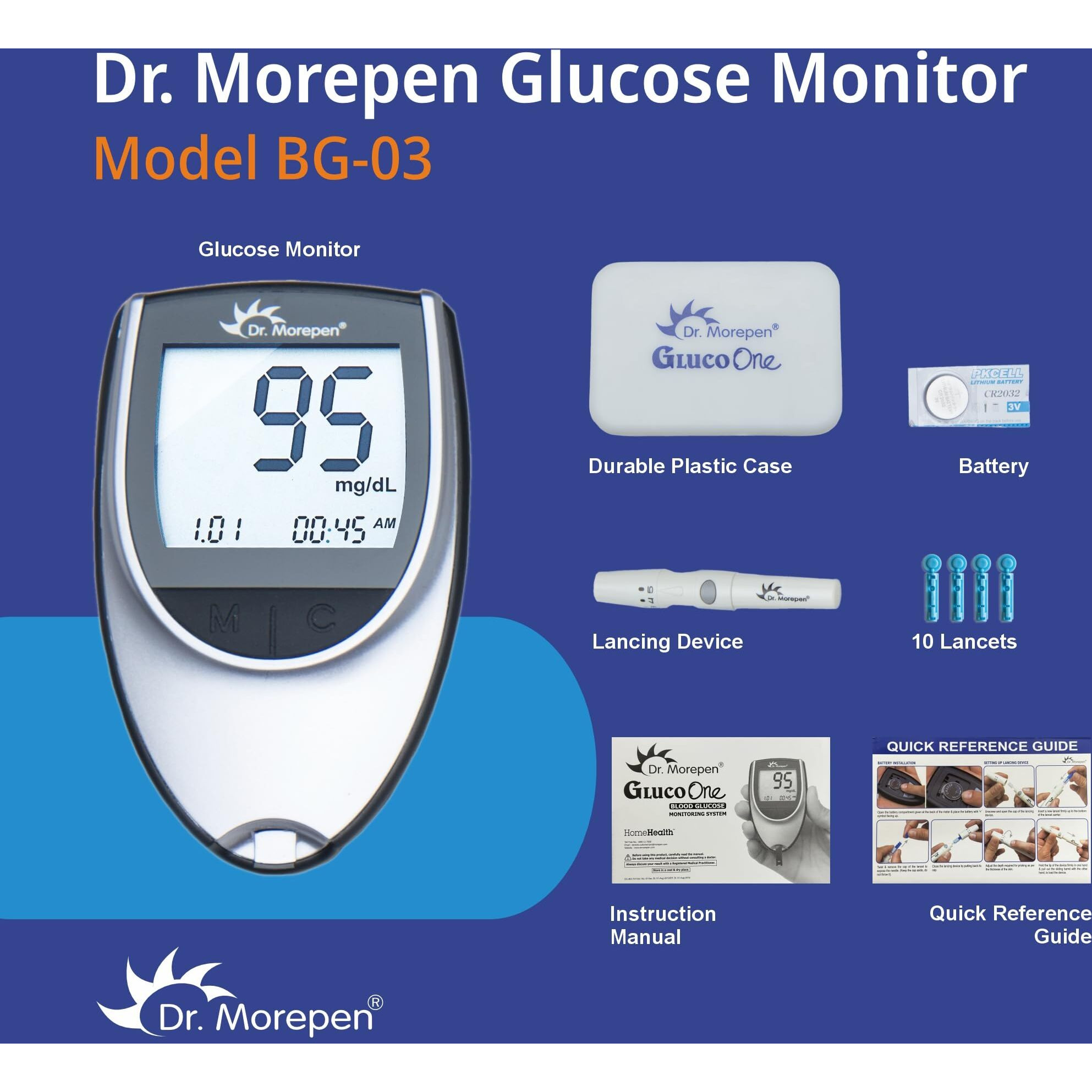 DR. MOREPEN GlucoOne Blood Glucose Monitor Model BG 03 with 25 Strips