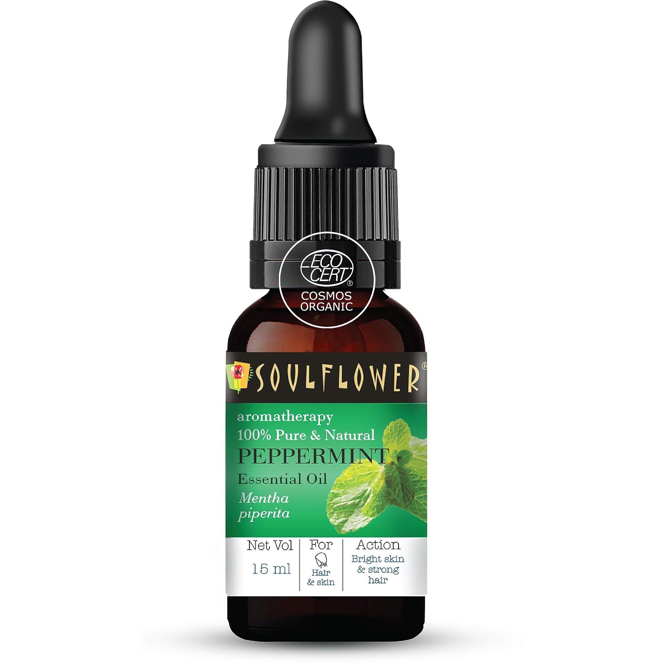 Soulflower Peppermint Essential Oil for Skin & Hair Care, Scalp, Aromatherapy |100% Pure & Natural Therapeutic Grade, Undiluted, Ecocert Cosmos Organic Certified| Mentha Piperita |15ml