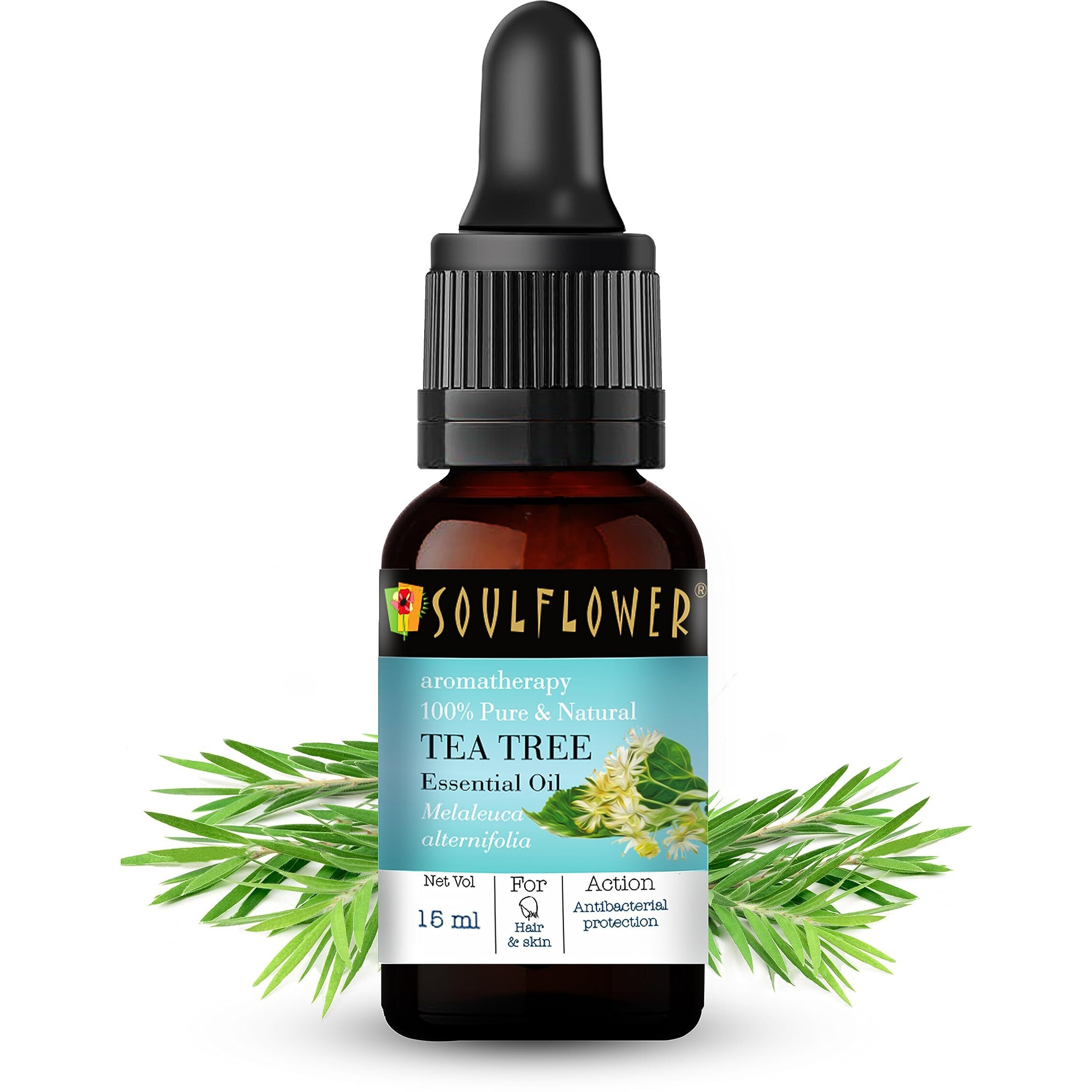 Soulflower Tea Tree Essential Oil for Skin, Hair, Face, Acne Care, Dandruff | Ecocert Certified Organic 100% Pure, Natural, Undiluted Therapeutic Grade | 15ml -