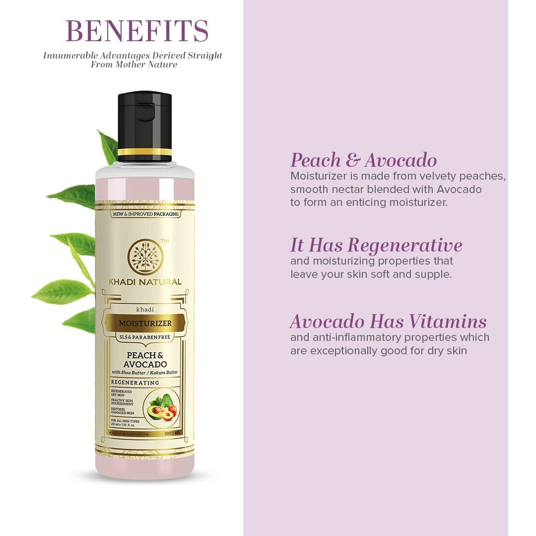 KHADI NATURAL Peach and Avocado Herbal Moisturizer With Shea/Kokum Butter | Moisturizer for Dry Skin | Body Lotion for Soft Skin | SLS and Paraben Free, 210 ml | Suitable for All Skin Types