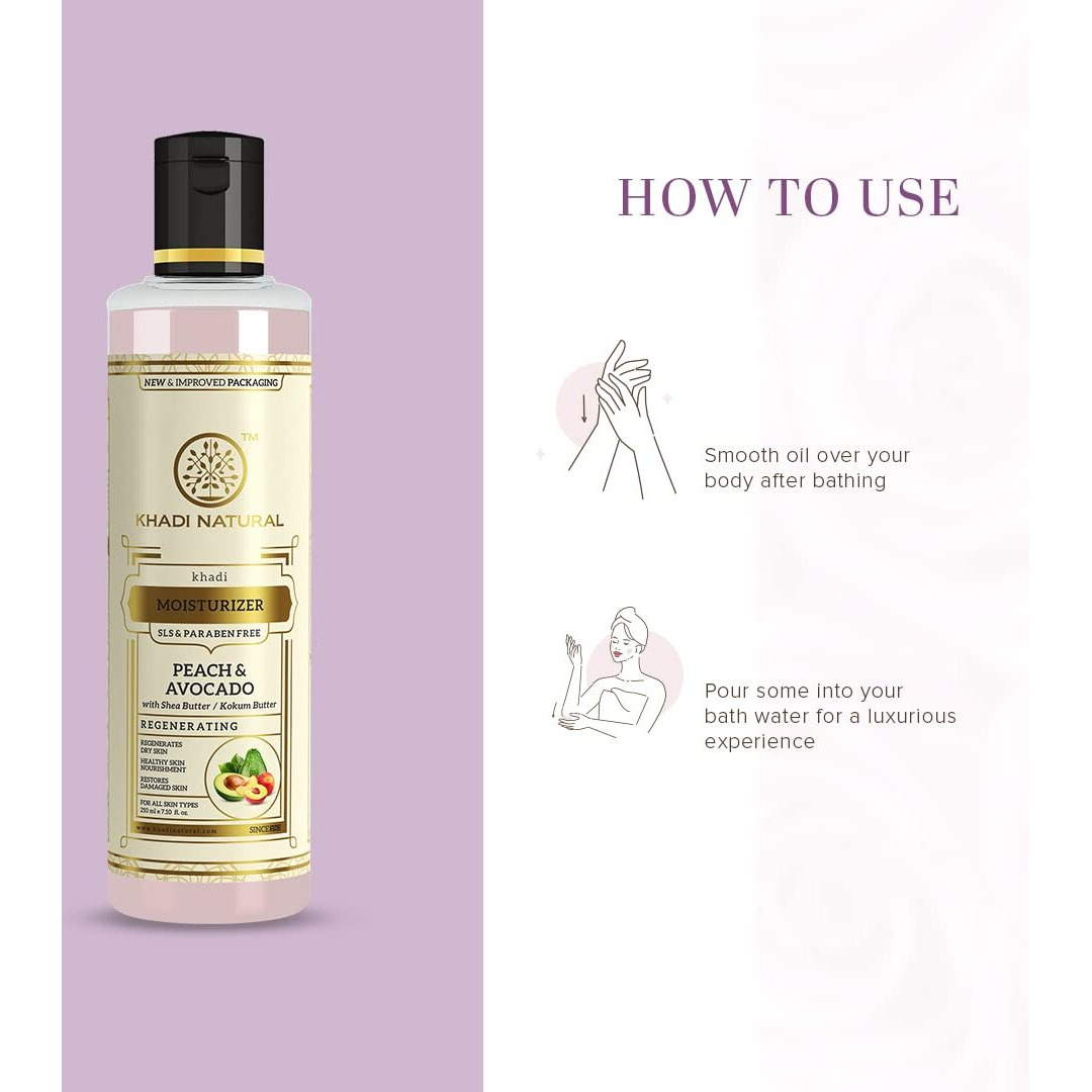 KHADI NATURAL Peach and Avocado Herbal Moisturizer With Shea/Kokum Butter | Moisturizer for Dry Skin | Body Lotion for Soft Skin | SLS and Paraben Free, 210 ml | Suitable for All Skin Types
