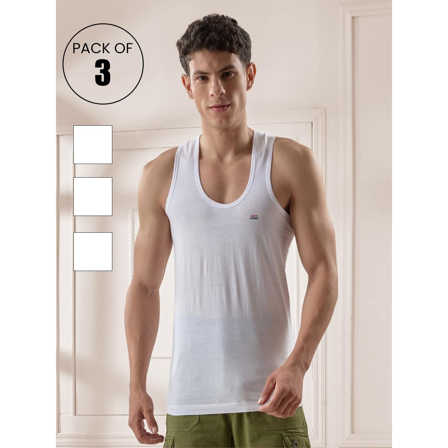 LUX VENUS Men s Cotton Vest (Pack of 3) (75) White