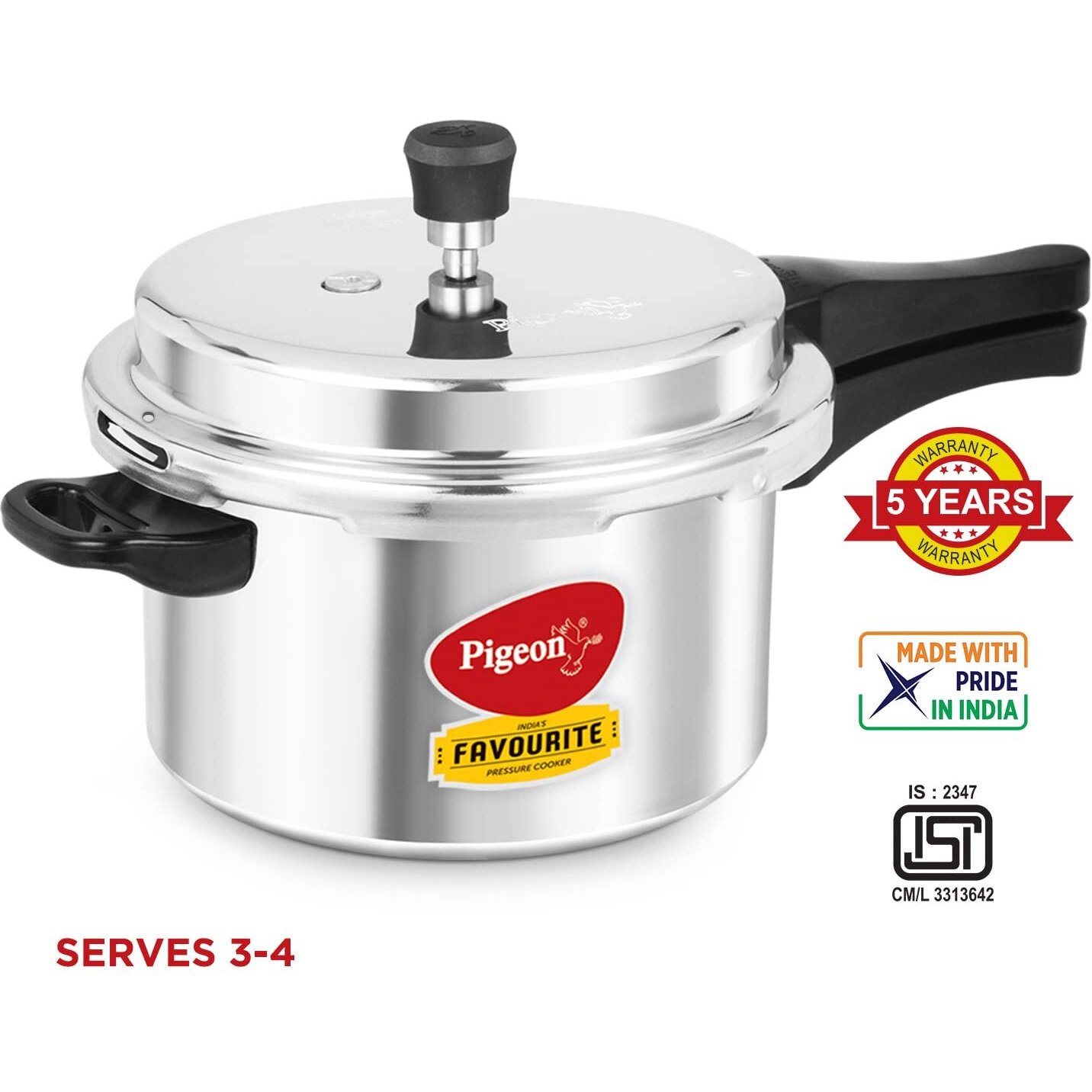 Pigeon by Stovekraft Favourite Induction Base Aluminium Pressure Cooker with Outer Lid, 5 Litres, Silver