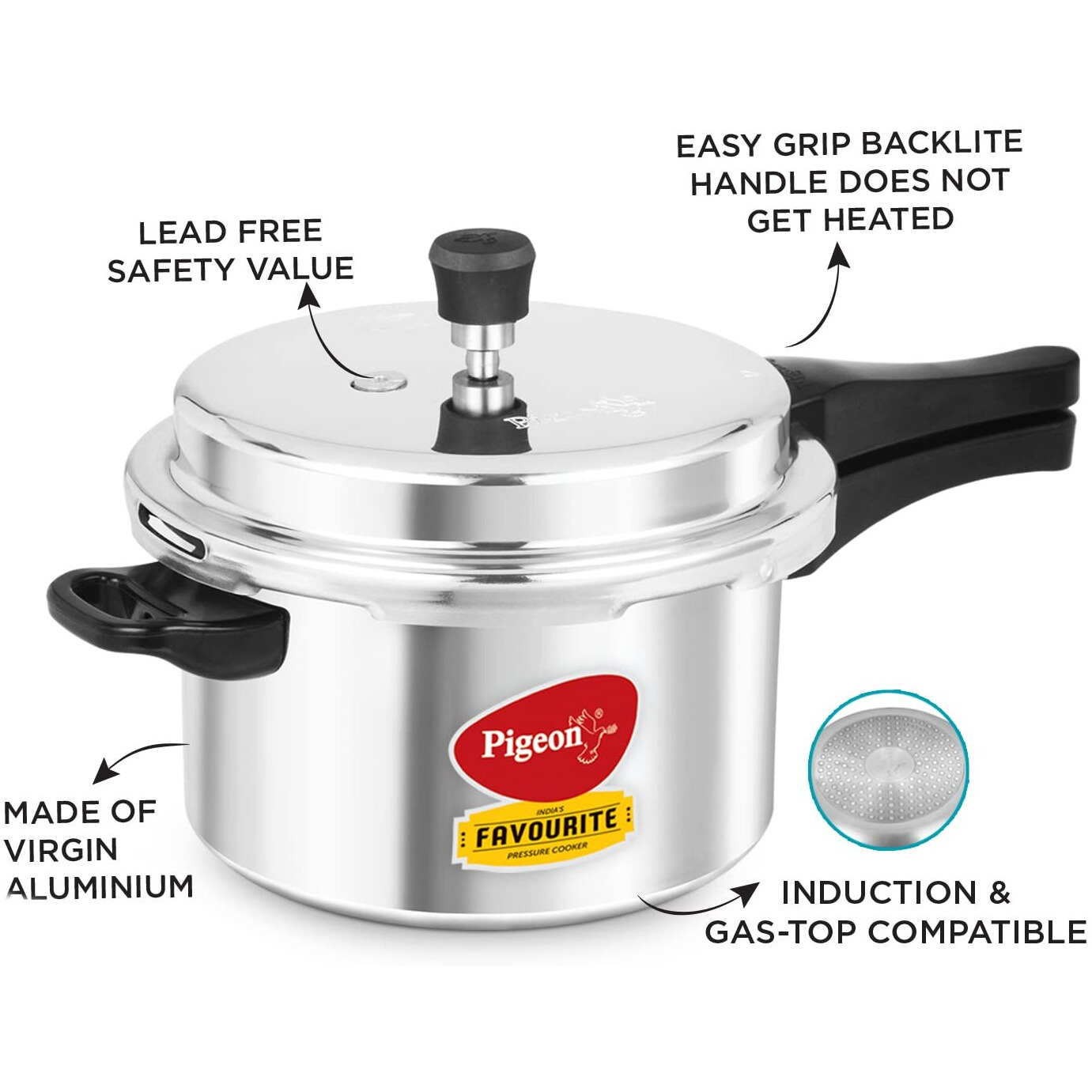Pigeon by Stovekraft Favourite Induction Base Aluminium Pressure Cooker with Outer Lid, 5 Litres, Silver