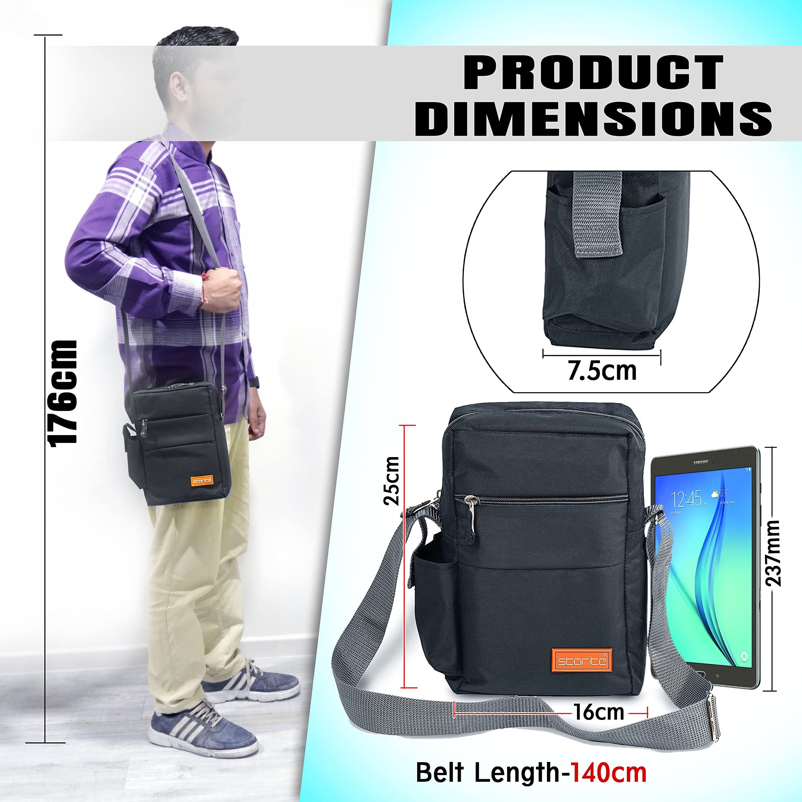 Storite 10 Inch Stylish Padded Mini Sling Bag for Men and Women, Small Passport Travel Bag and Small Sling Bag With Water Bottle Pocket (25x16x7.5cm, Dark Grey)
