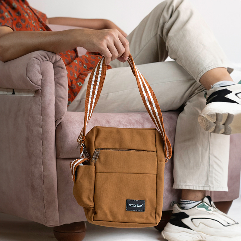 Storite Stylish Padded Canvas Small Sling Cross Body Travel Office One Side Shoulder Bag for Men Women - Brown (25.5 x 8 x 18.5 cm)