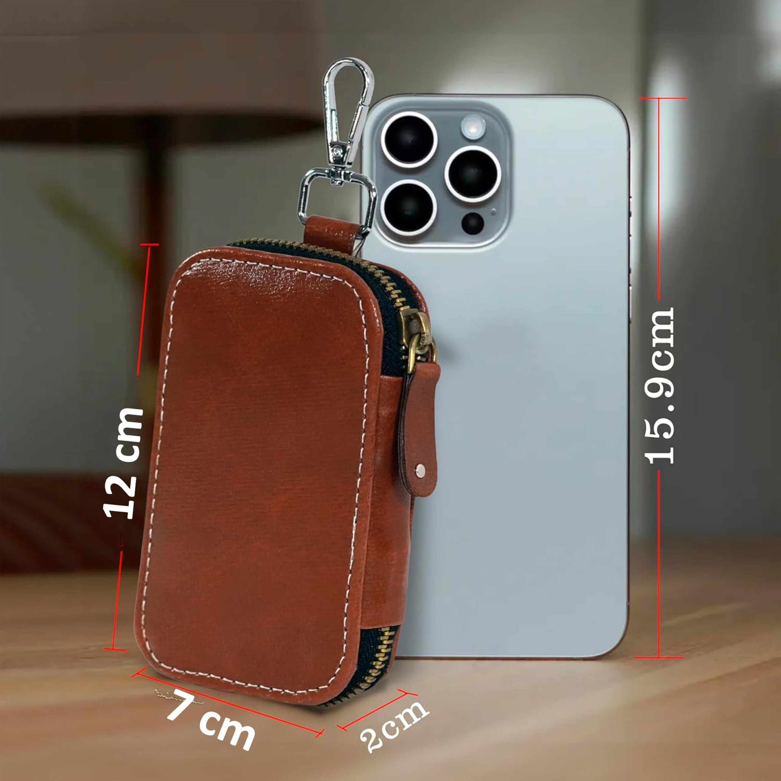 Storite PU Leather Large Key Case Pouch Wallet Keychain Key Holder with 6 Hooks Zipper Closure (Brown -12.5 x 7.5 cm)