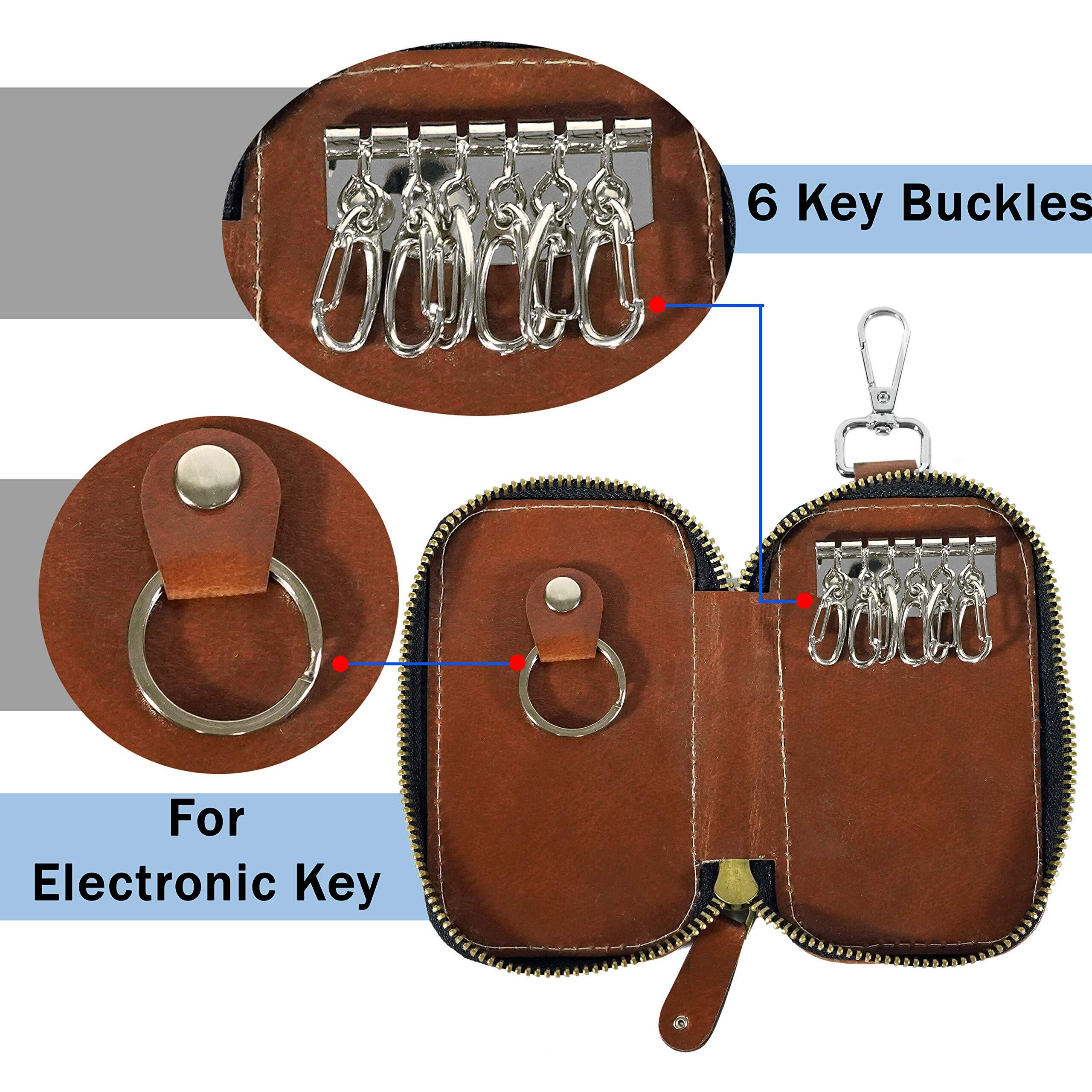 Storite PU Leather Large Key Case Pouch Wallet Keychain Key Holder with 6 Hooks Zipper Closure (Brown -12.5 x 7.5 cm)