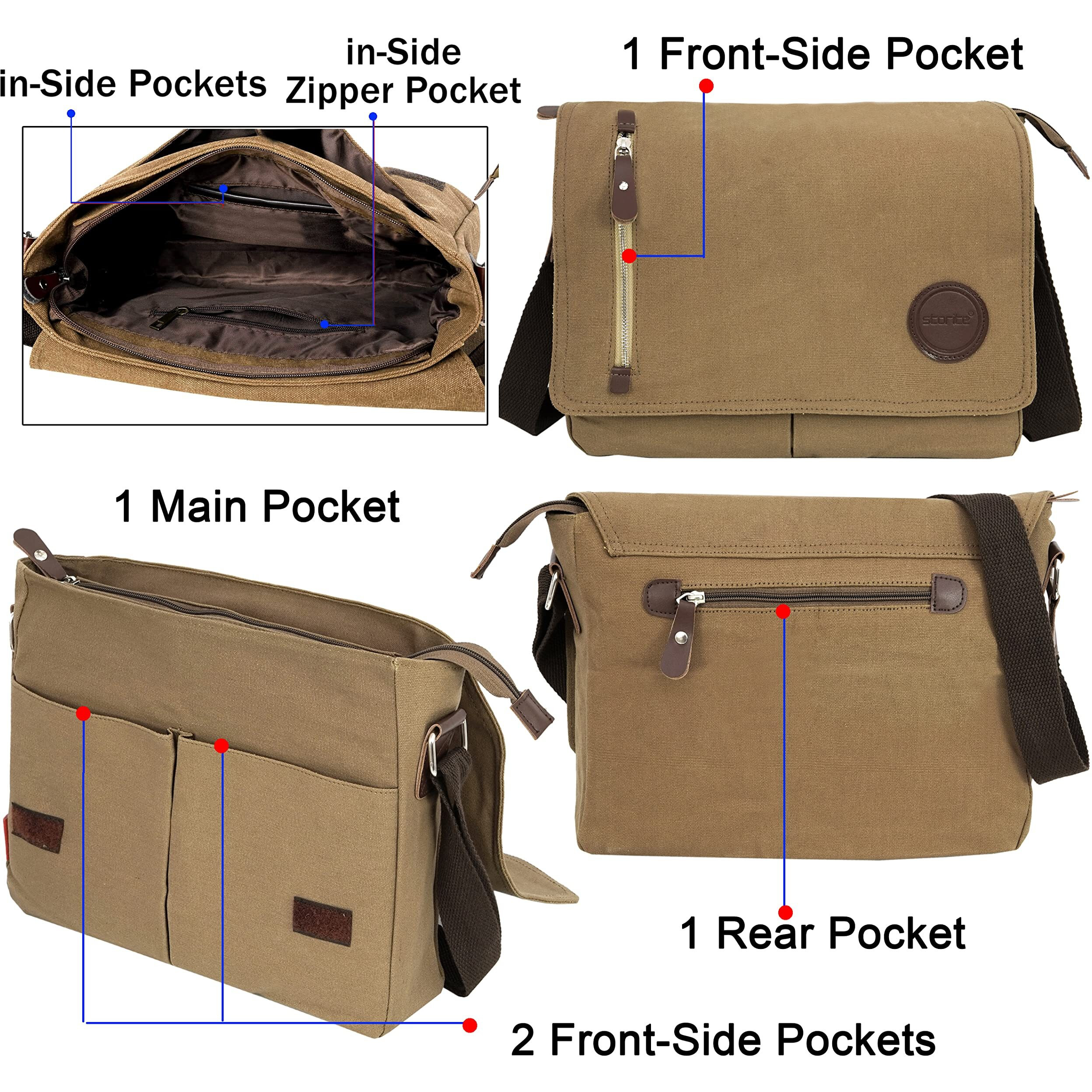 Storite Canvas Sling Cross Body Travel Office Business Satchel Messenger One Side Shoulder Bag for Men & Women - Brown(33 x 6.5 x 27 Cm)