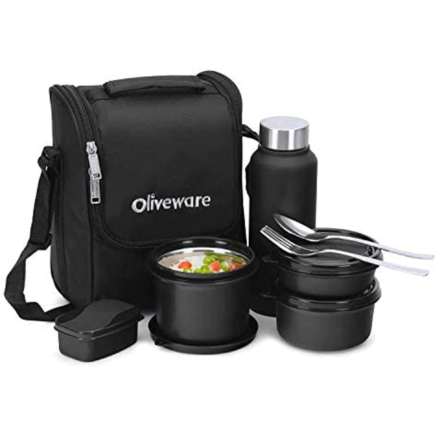 SOPL-OLIVEWARE Teso Pro Lunch Box with Steel Cutlery,3 Microwave Safe Inner Steel Containers with Bpa Free Lids(290Ml,450Ml&600Ml) Plastic Pickle Box(130Ml) Steel Water Bottle(750Ml)-Black,600 ML