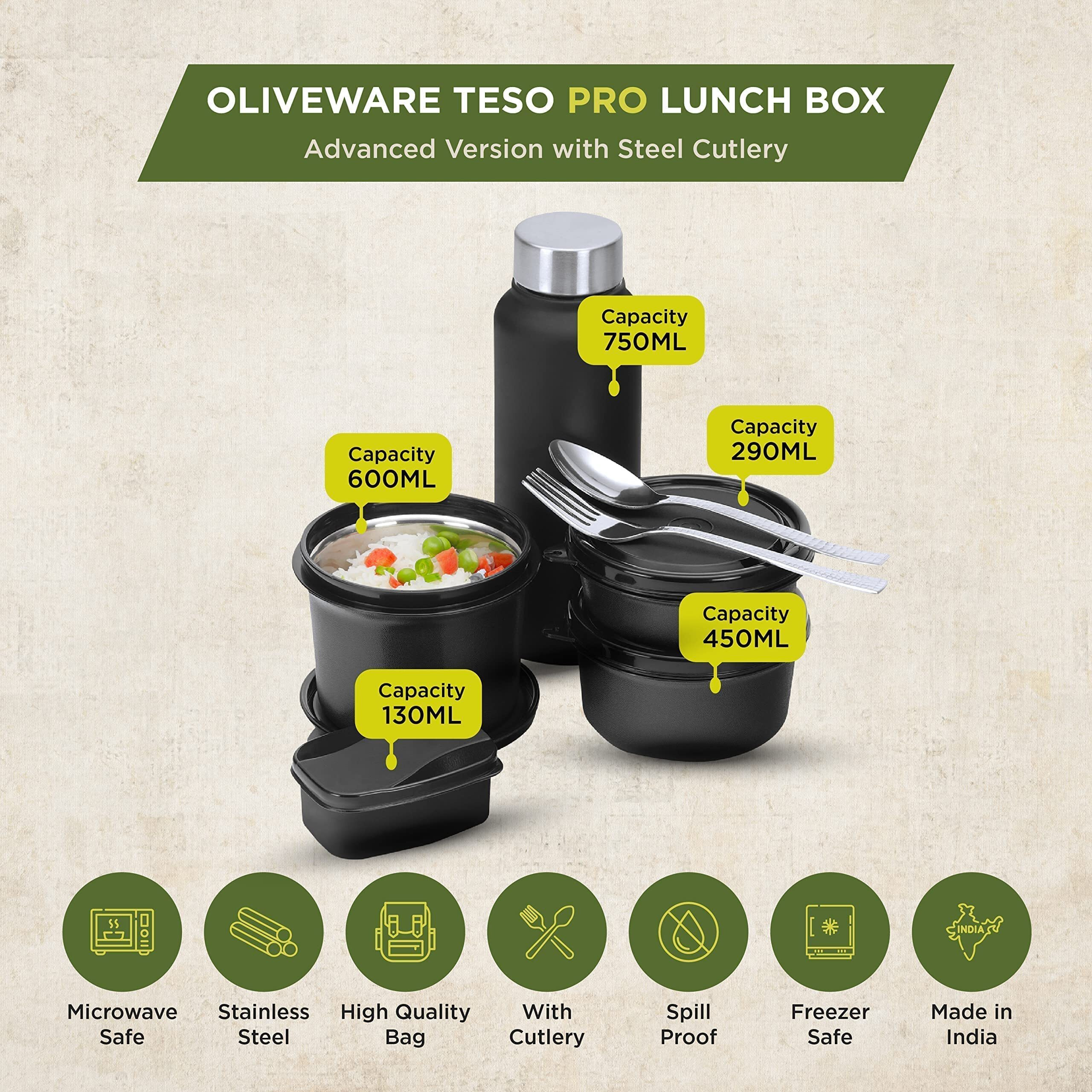 SOPL-OLIVEWARE Teso Pro Lunch Box with Steel Cutlery,3 Microwave Safe Inner Steel Containers with Bpa Free Lids(290Ml,450Ml&600Ml) Plastic Pickle Box(130Ml) Steel Water Bottle(750Ml)-Black,600 ML