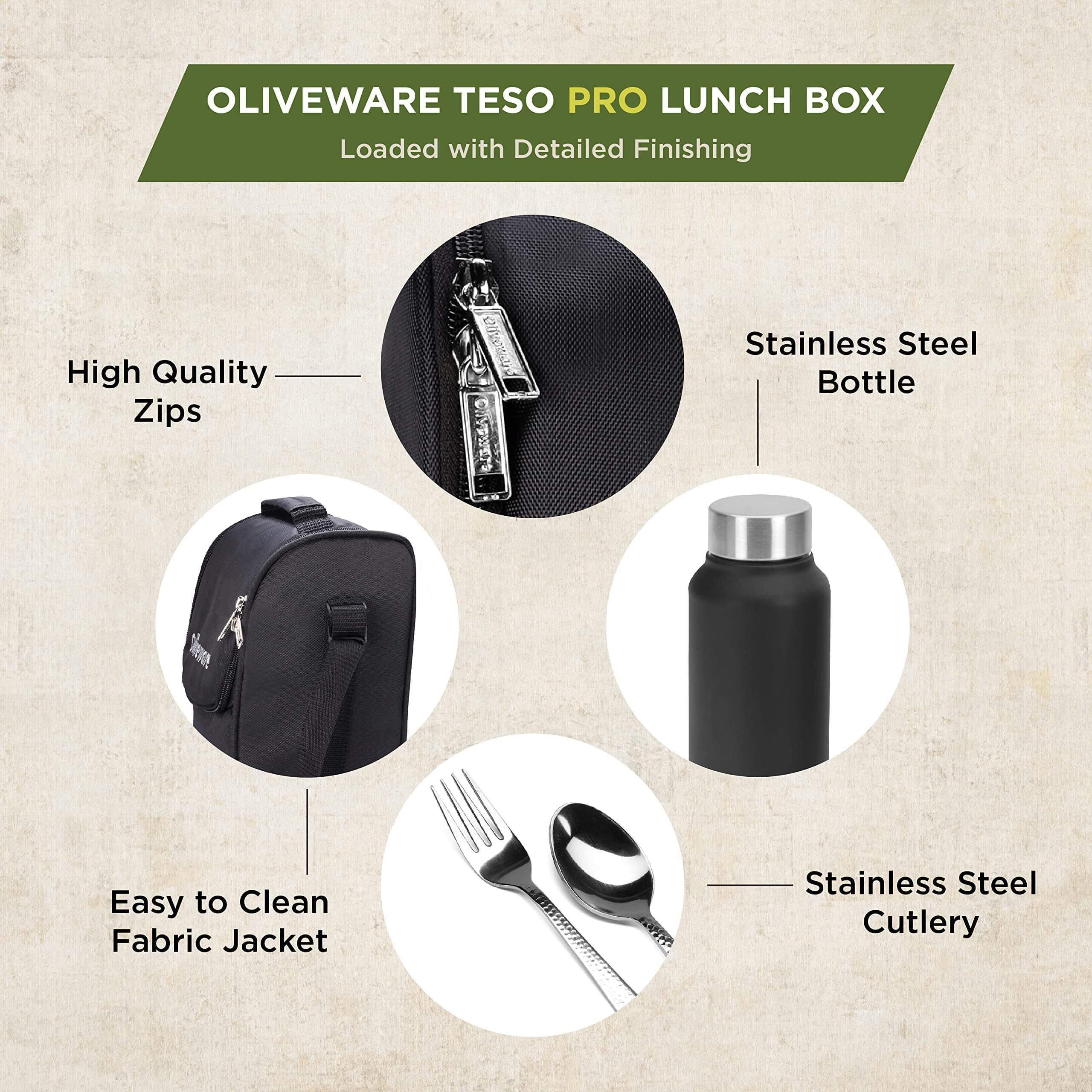 SOPL-OLIVEWARE Teso Pro Lunch Box with Steel Cutlery,3 Microwave Safe Inner Steel Containers with Bpa Free Lids(290Ml,450Ml&600Ml) Plastic Pickle Box(130Ml) Steel Water Bottle(750Ml)-Black,600 ML