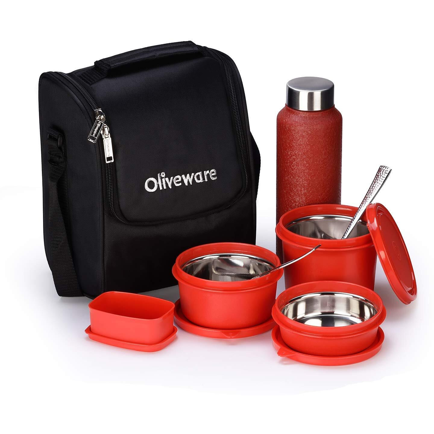 SOPL-OLIVEWARE Teso Pro Lunch Box with Steel Cutlery,3 Microwave Safe Inner Steel Containers with Bpa Free Lids(290Ml,450Ml&600Ml) Plastic Pickle Box(130Ml) Steel Water Bottle(750Ml)-Red,1470 Ml