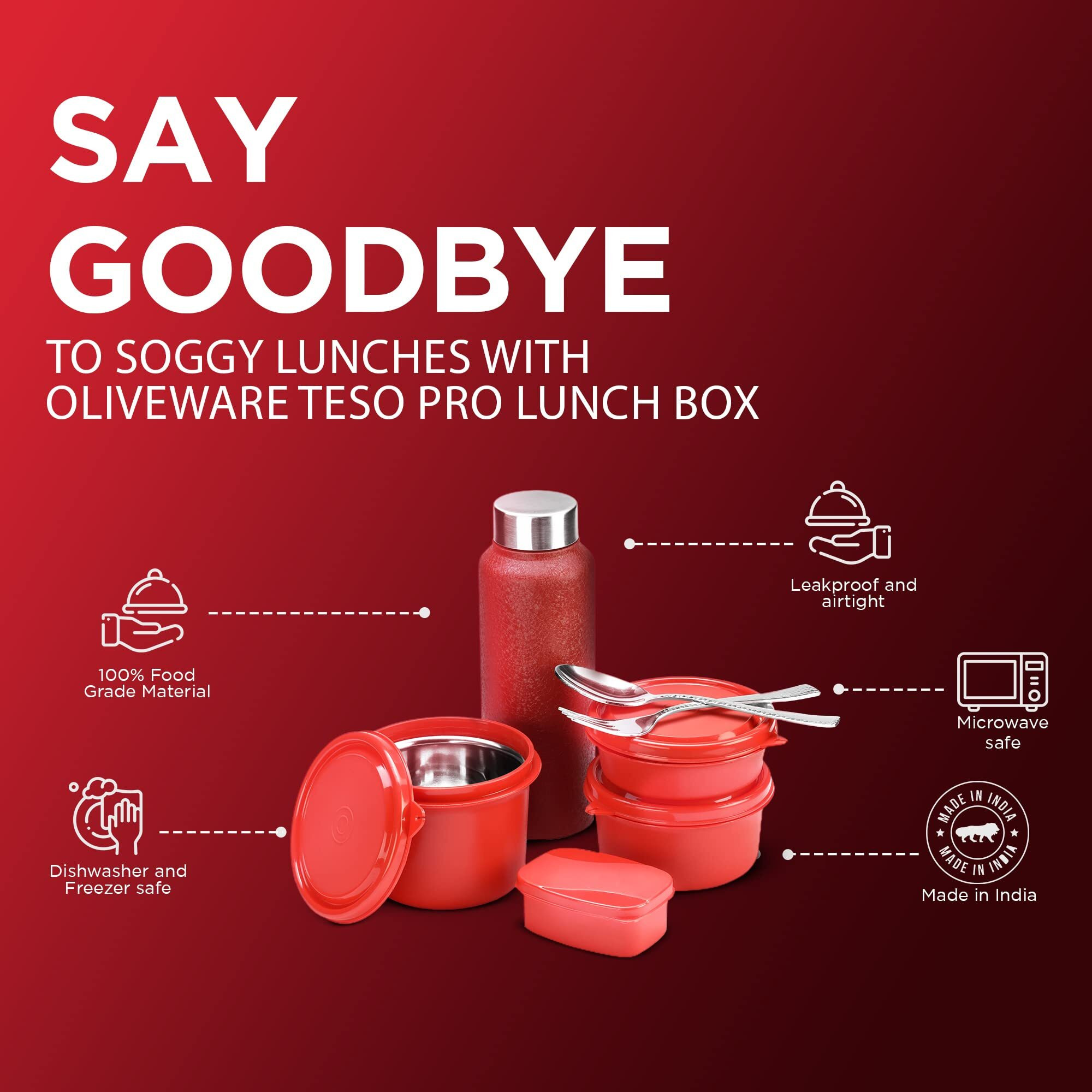 SOPL-OLIVEWARE Teso Pro Lunch Box with Steel Cutlery,3 Microwave Safe Inner Steel Containers with Bpa Free Lids(290Ml,450Ml&600Ml) Plastic Pickle Box(130Ml) Steel Water Bottle(750Ml)-Red,1470 Ml