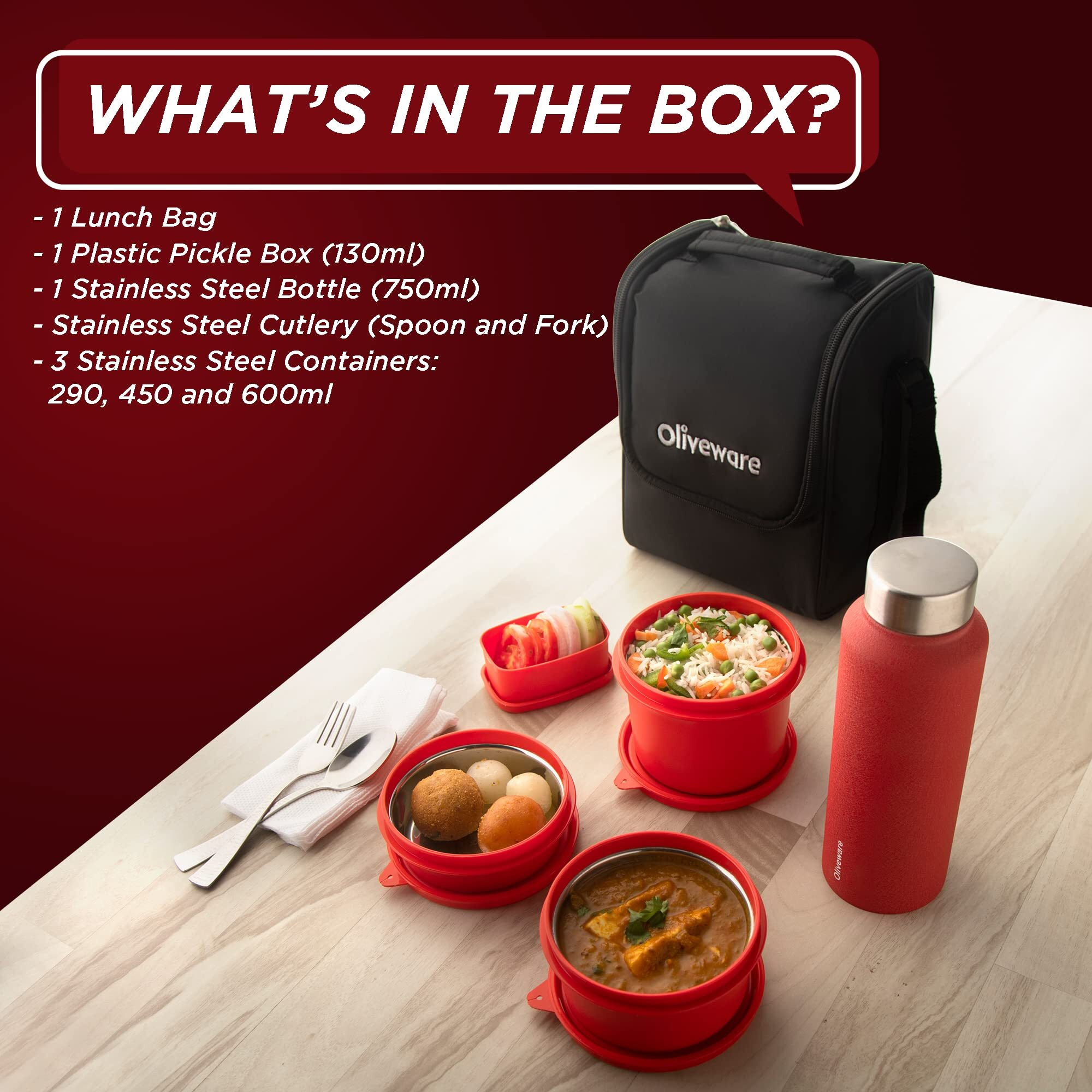 SOPL-OLIVEWARE Teso Pro Lunch Box with Steel Cutlery,3 Microwave Safe Inner Steel Containers with Bpa Free Lids(290Ml,450Ml&600Ml) Plastic Pickle Box(130Ml) Steel Water Bottle(750Ml)-Red,1470 Ml