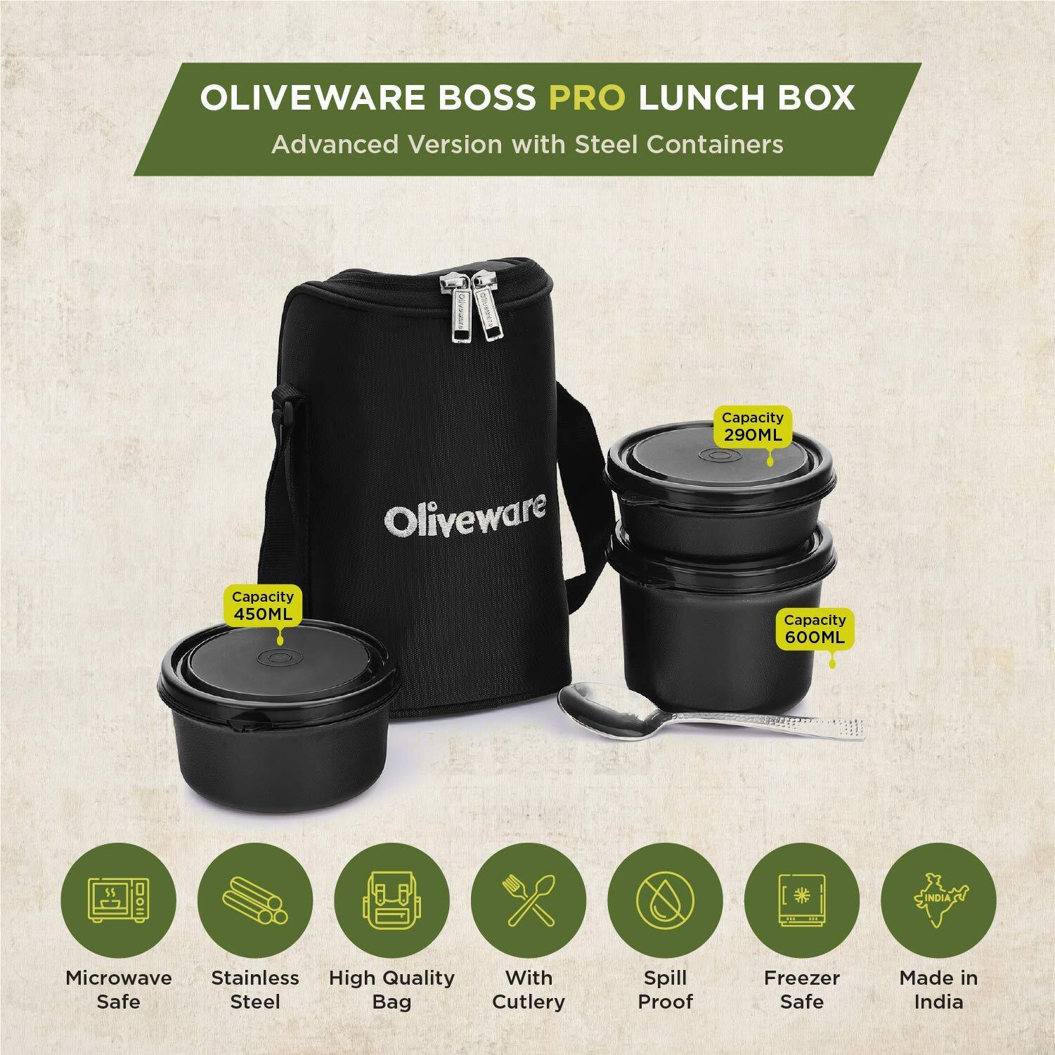 SOPL-OLIVEWARE Oliveware Boss Pro Lunch Box With Steel Spoon, Microwave Safe & Leak Proof, 3 Inner Steel Containers With Bpa Free Airtight Lids (290Ml, 450Ml, & 600Ml), Fabric Bag (Black)