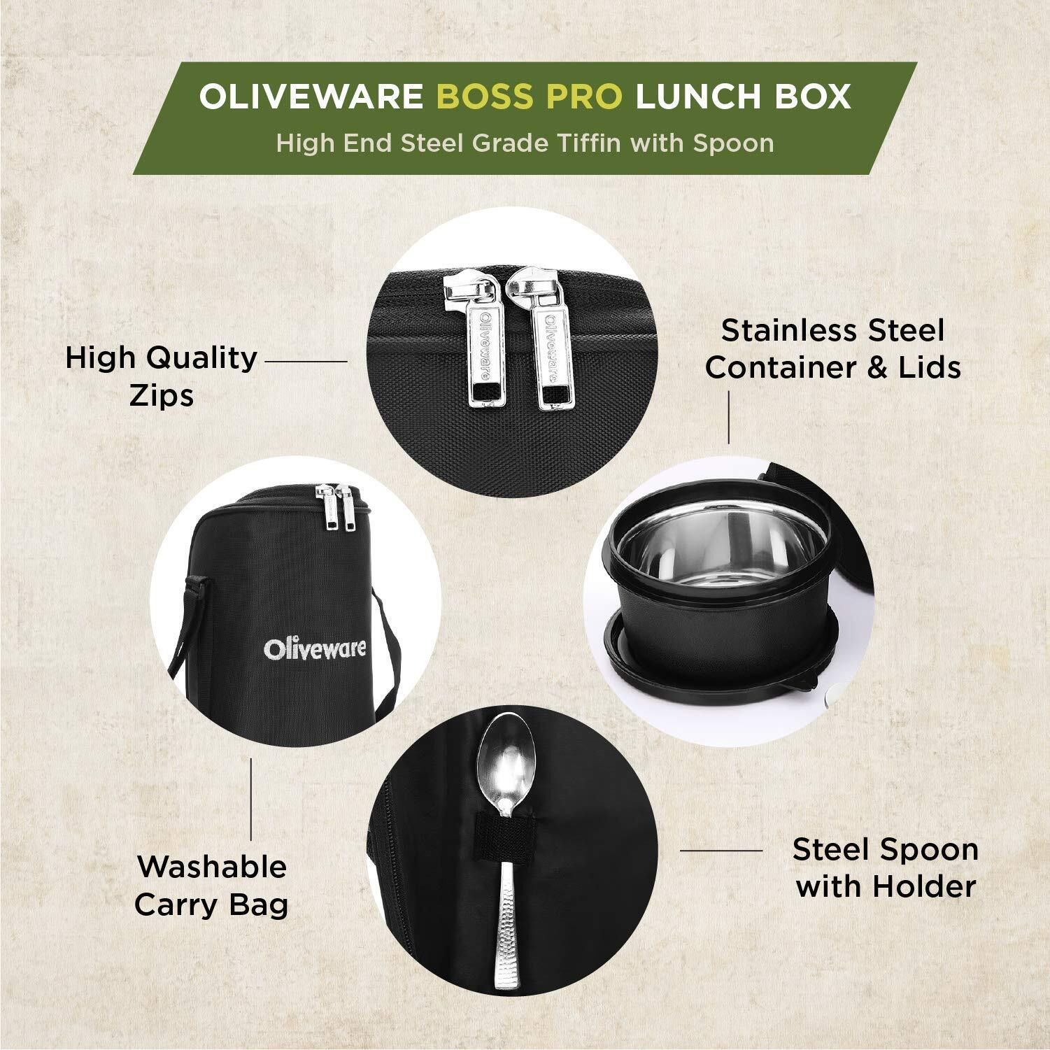 SOPL-OLIVEWARE Oliveware Boss Pro Lunch Box With Steel Spoon, Microwave Safe & Leak Proof, 3 Inner Steel Containers With Bpa Free Airtight Lids (290Ml, 450Ml, & 600Ml), Fabric Bag (Black)